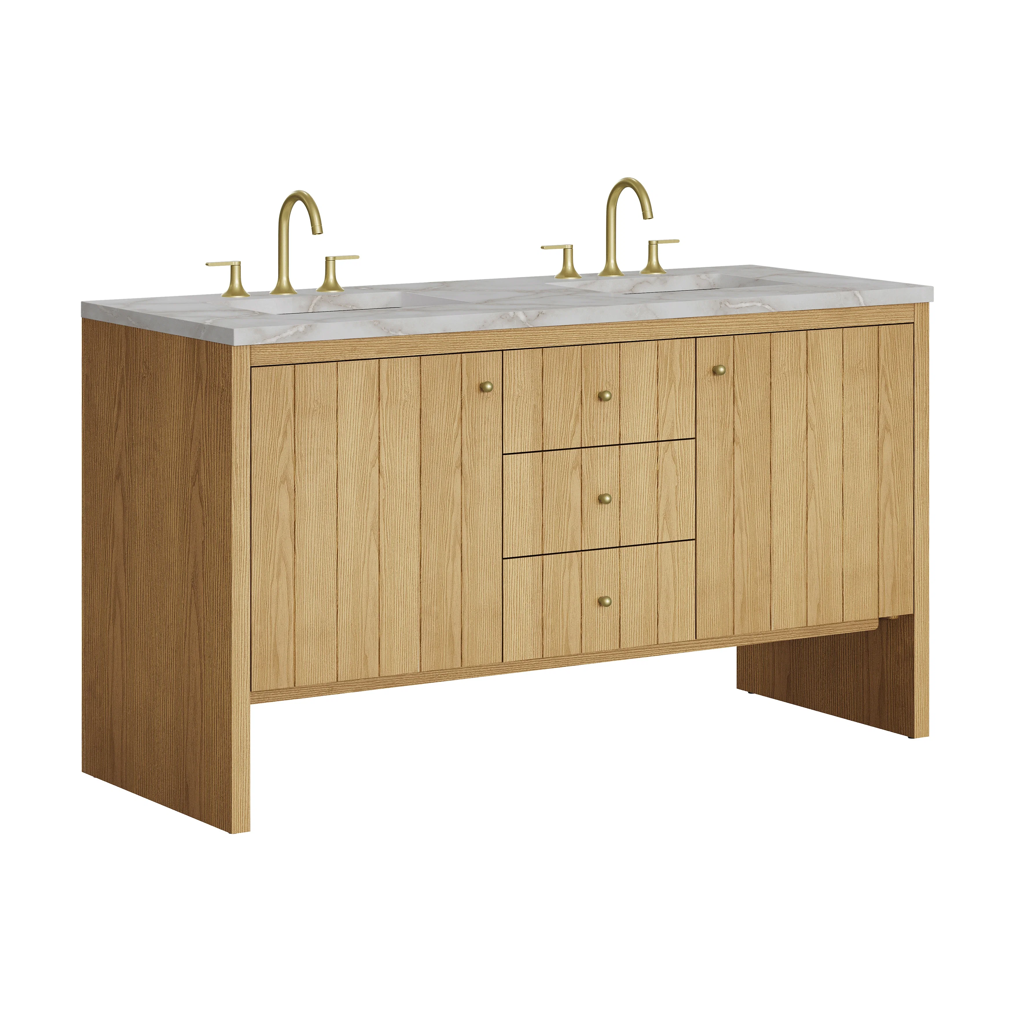 Hudson 60" Double Vanity, Light Natural Oak w/ 3 CM Victorian Silver Top