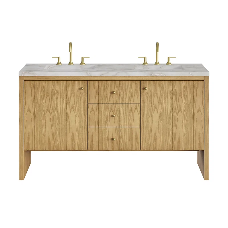 Hudson 60" Double Vanity, Light Natural Oak w/ 3 CM Victorian Silver Top