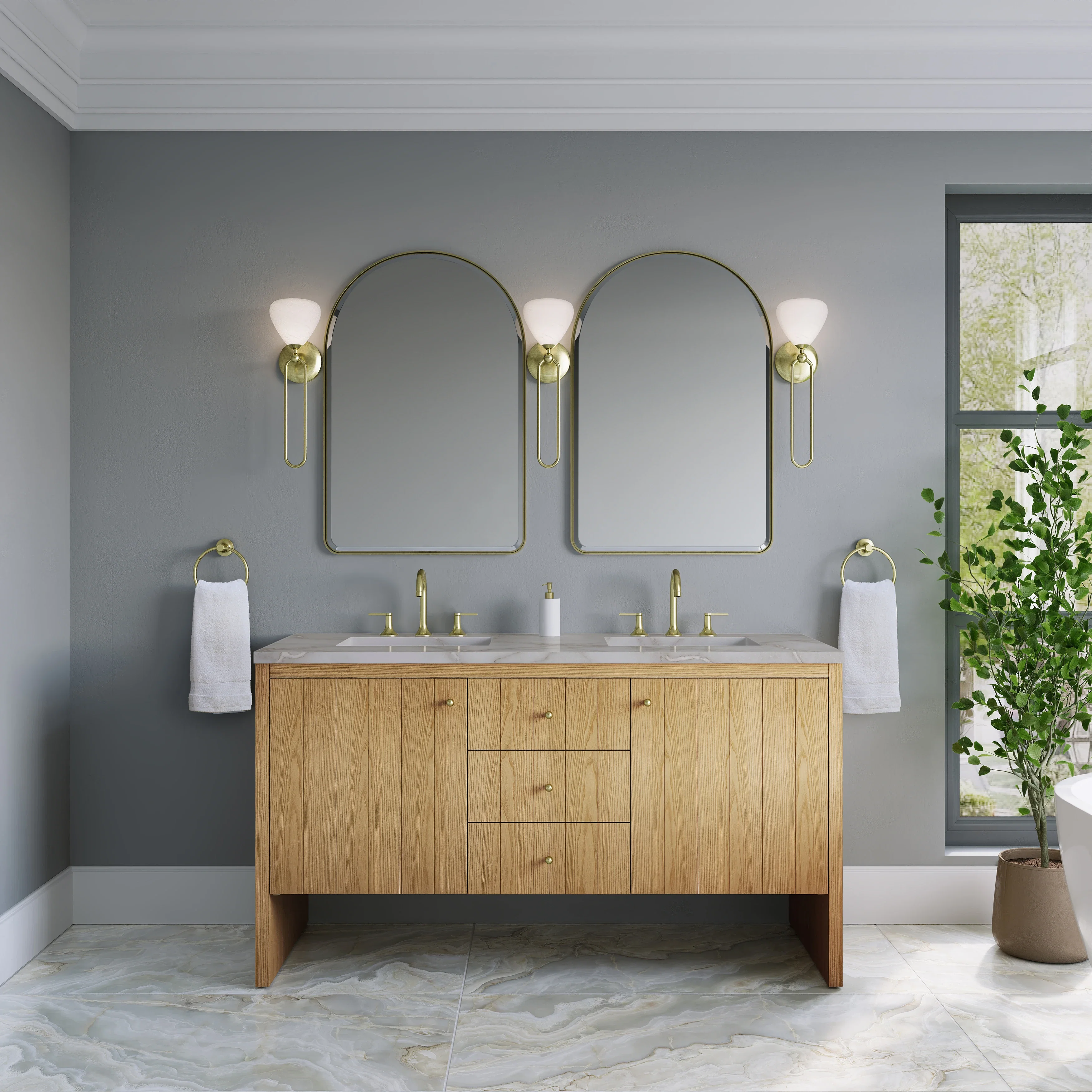 Hudson 60" Double Vanity, Light Natural Oak w/ 3 CM Victorian Silver Top