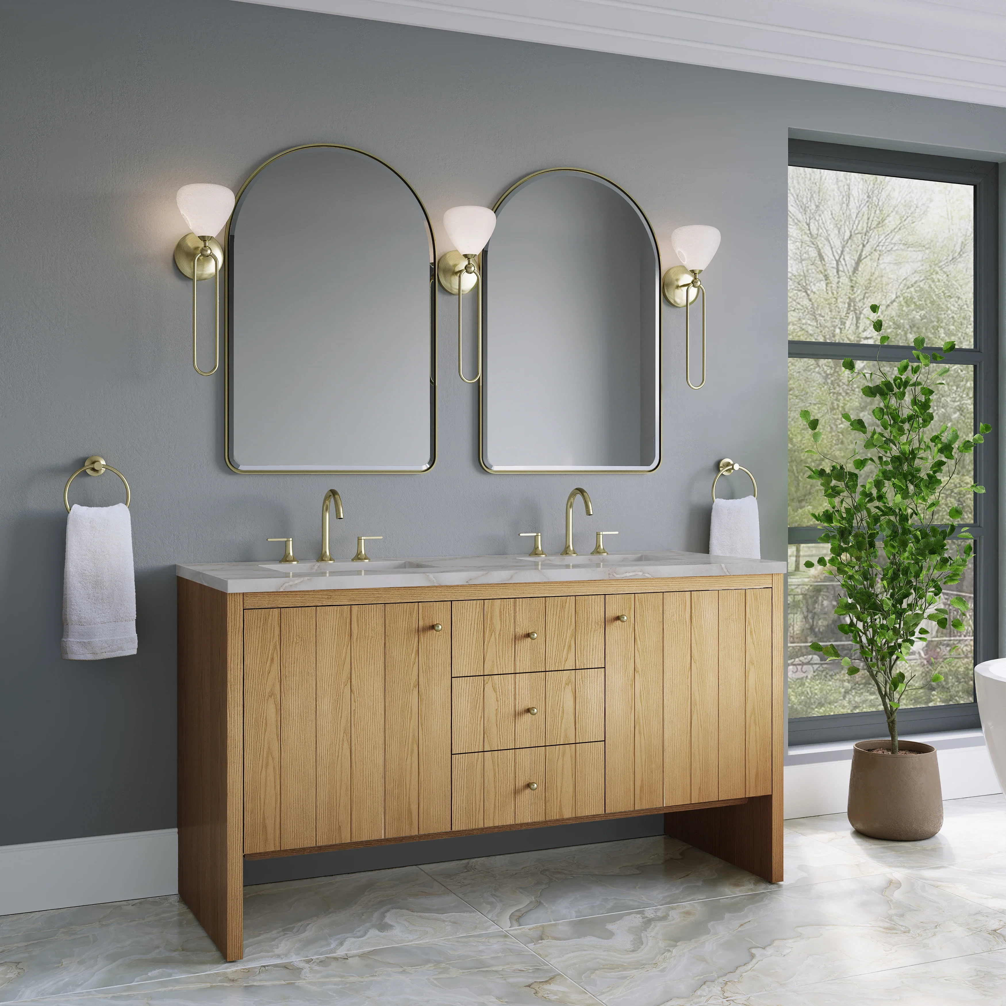 Hudson 60" Double Vanity, Light Natural Oak w/ 3 CM Victorian Silver Top