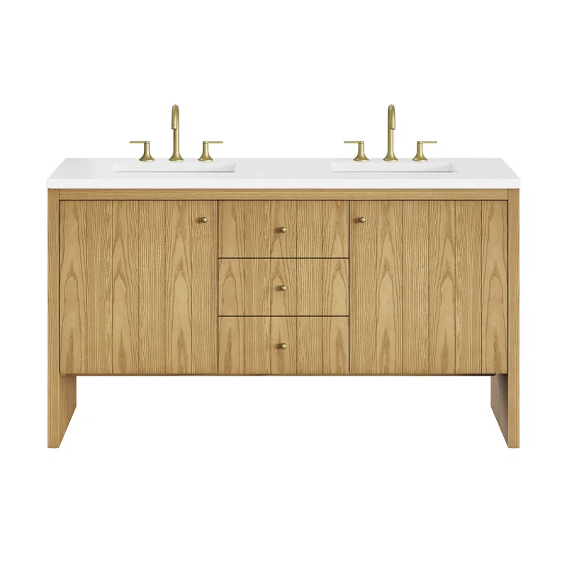 Hudson 60" Double Vanity, Light Natural Oak w/ 3 CM White Zeus Top