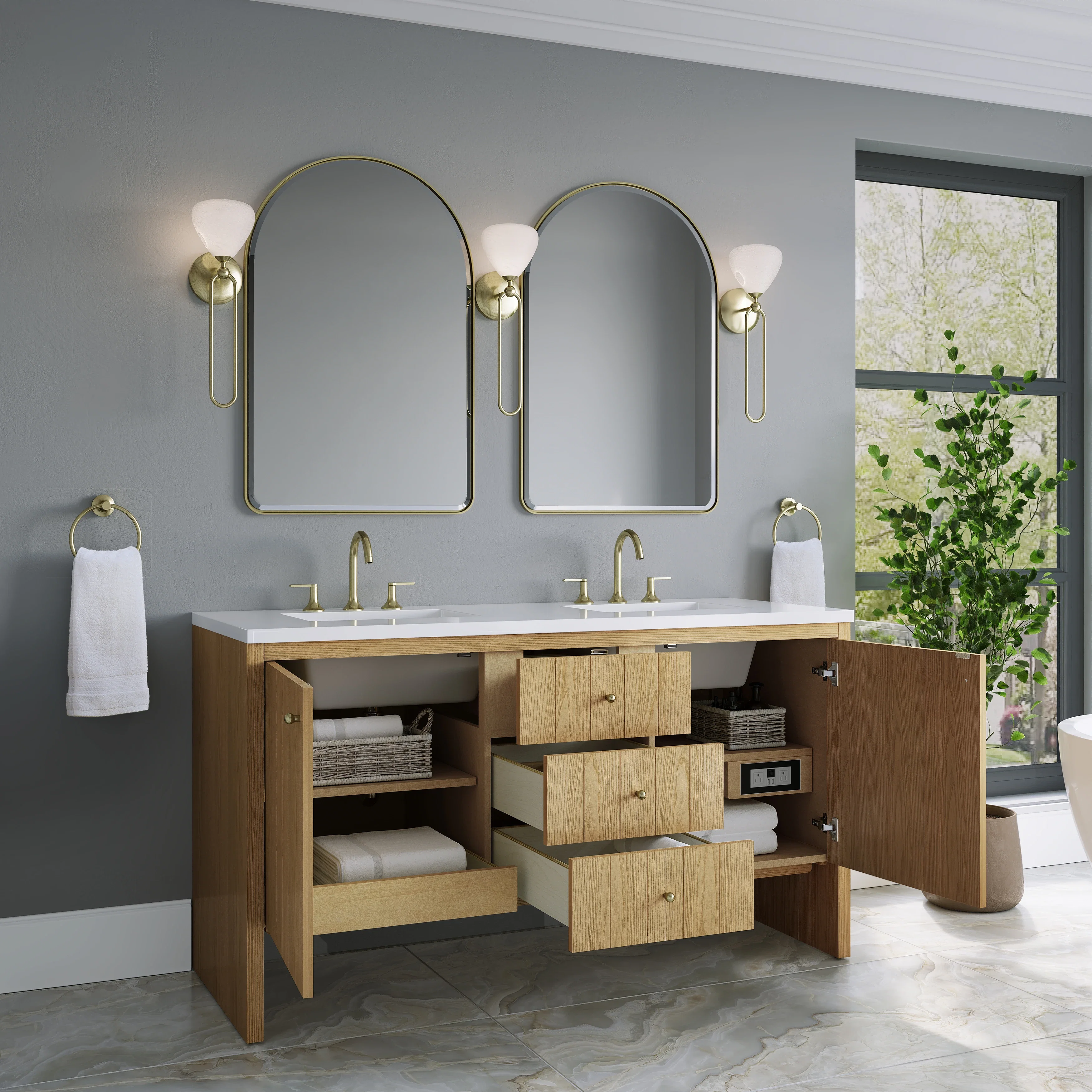 Hudson 60" Double Vanity, Light Natural Oak w/ 3 CM White Zeus Top