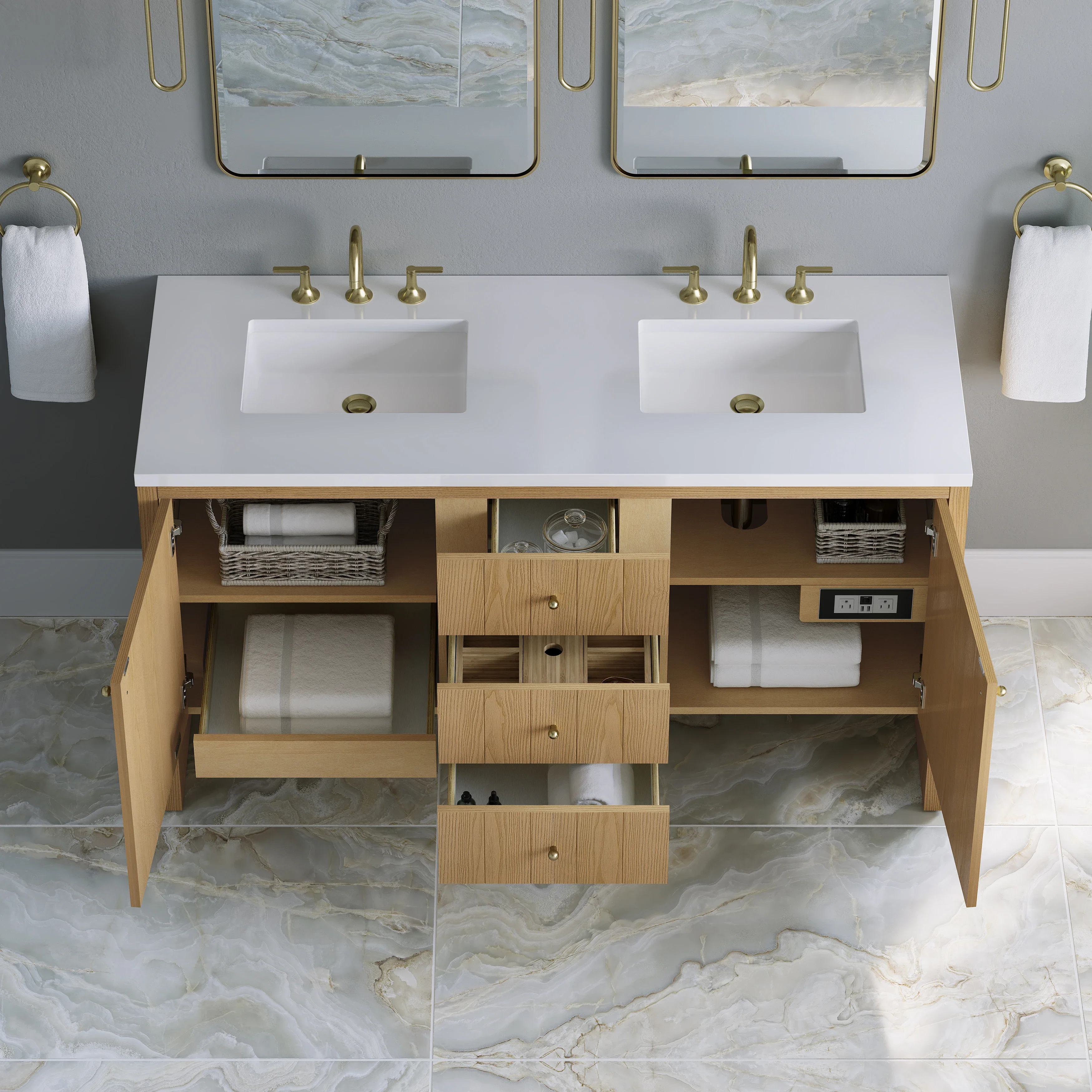 Hudson 60" Double Vanity, Light Natural Oak w/ 3 CM White Zeus Top