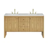 Hudson 60" Double Vanity, Light Natural Oak w/ 3 CM Ethereal Noctis Top w/FreePower Wireless Charger