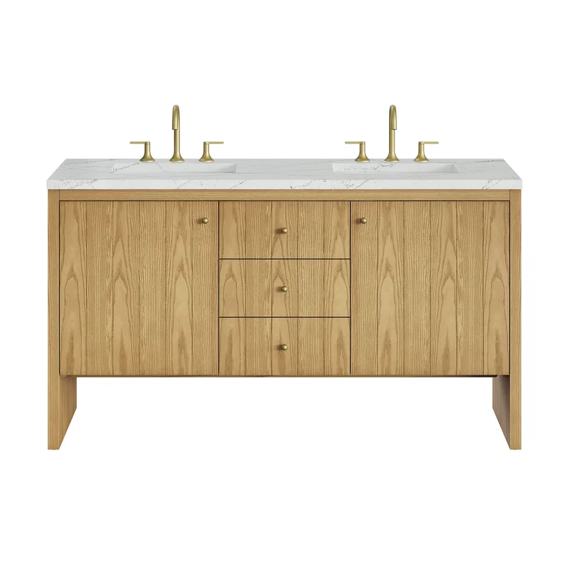 Hudson 60" Double Vanity, Light Natural Oak w/ 3 CM Ethereal Noctis Top w/FreePower Wireless Charger