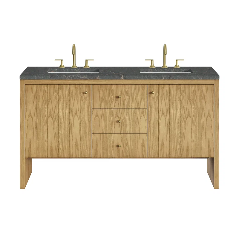 Hudson 60" Double Vanity, Light Natural Oak w/ 3 CM Parisien Bleu Top w/FreePower Wireless Charger