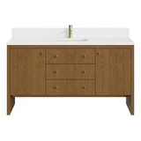 Hudson 60" Single Vanity, Honey Oak w/ Single Hole 3 CM White Zeus Silestone Top and Matching Backsplash