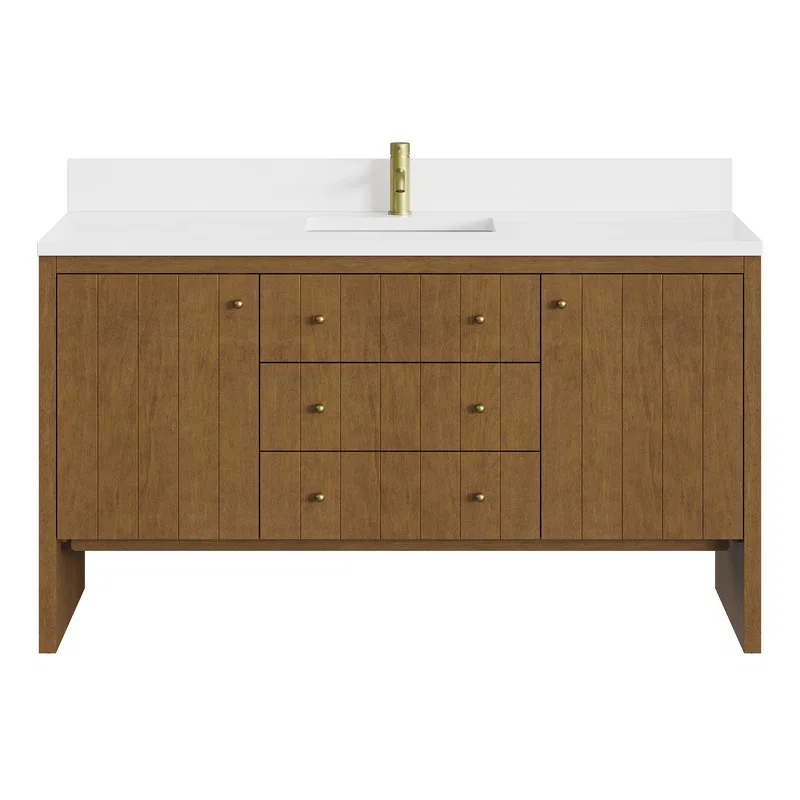 Hudson 60" Single Vanity, Honey Oak w/ Single Hole 3 CM White Zeus Silestone Top and Matching Backsplash
