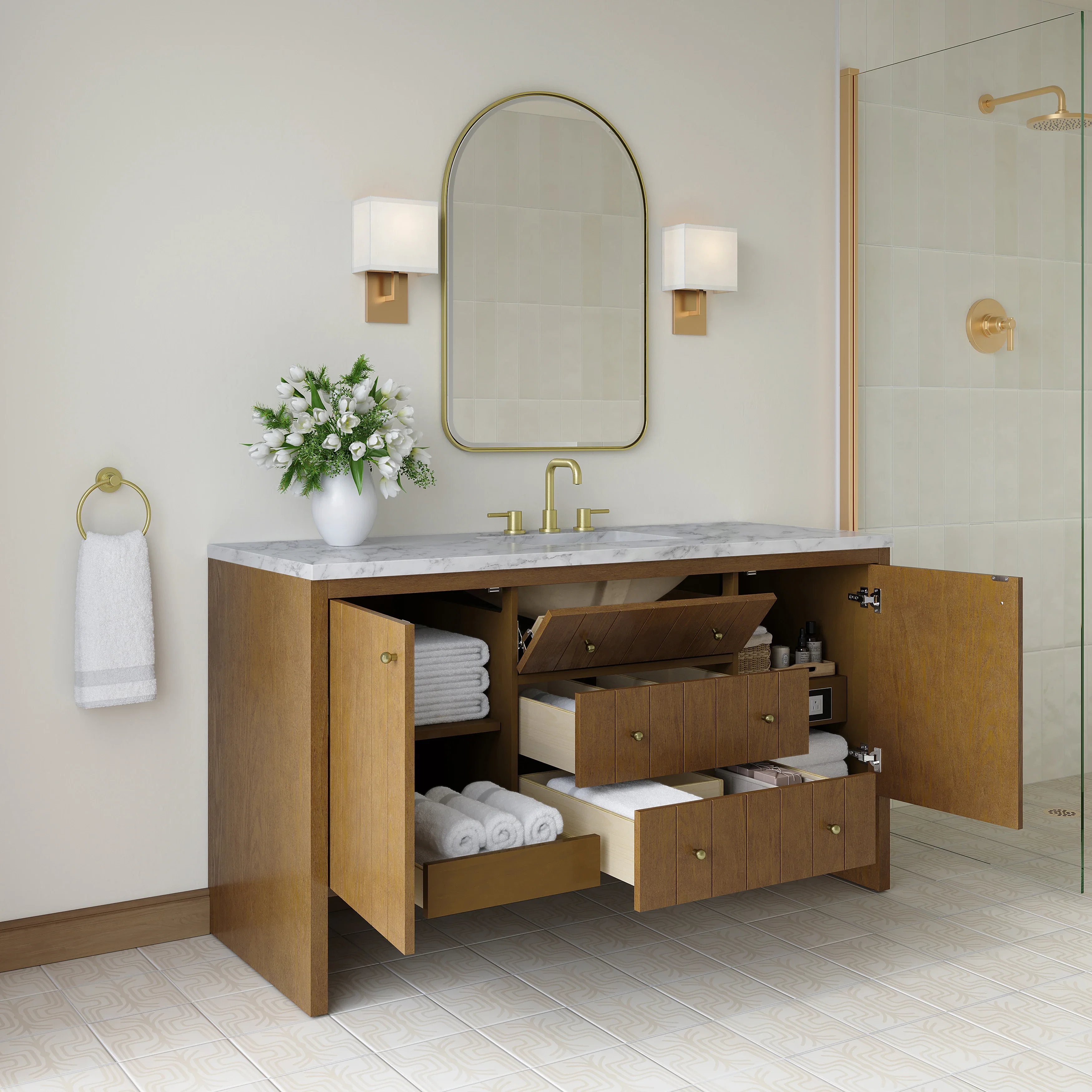 Hudson 60" Single Vanity, Honey Oak w/ 3 CM Carrara Marble Top