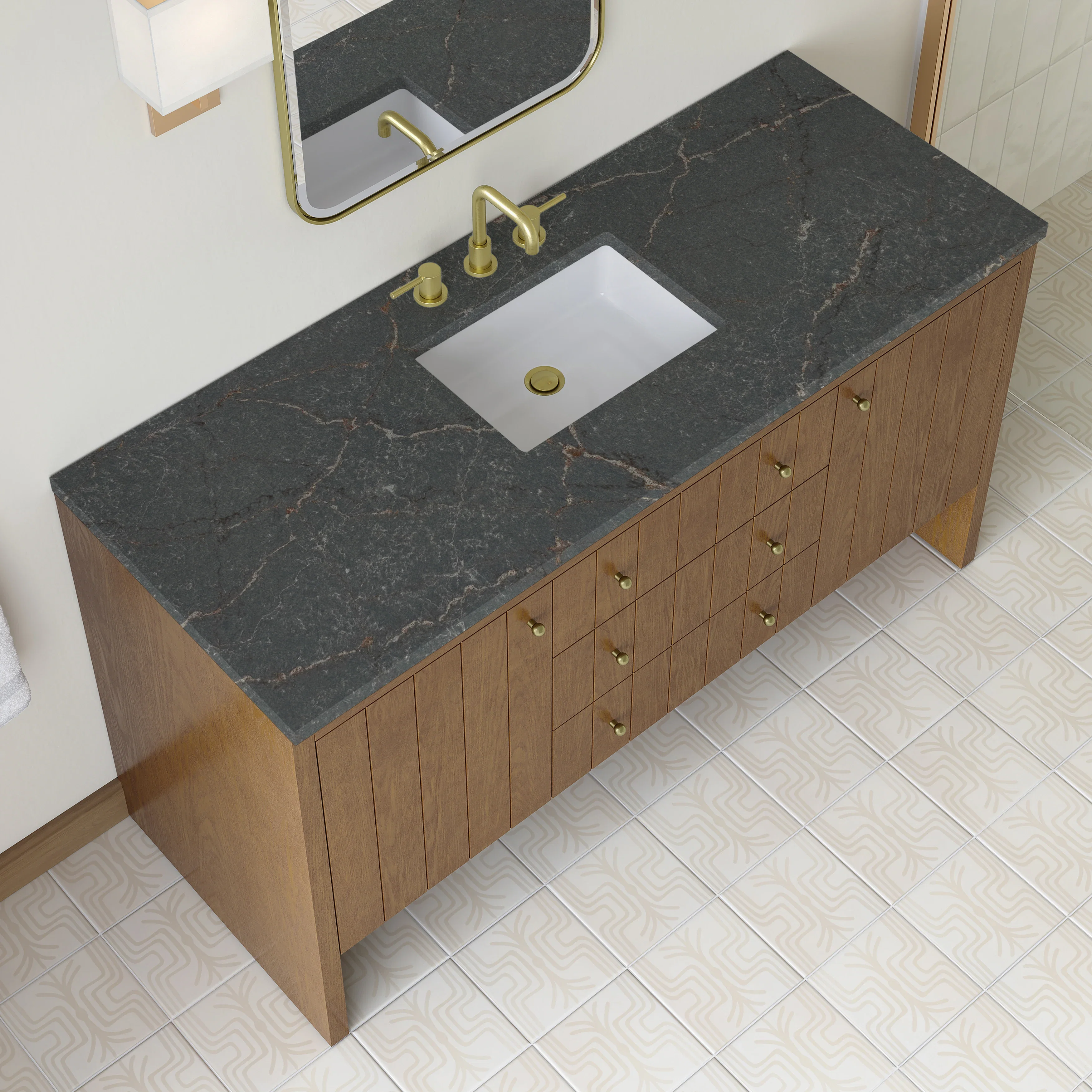 Hudson 60" Single Vanity, Honey Oak w/ 3 CM Parisien Bleu Silestone Top