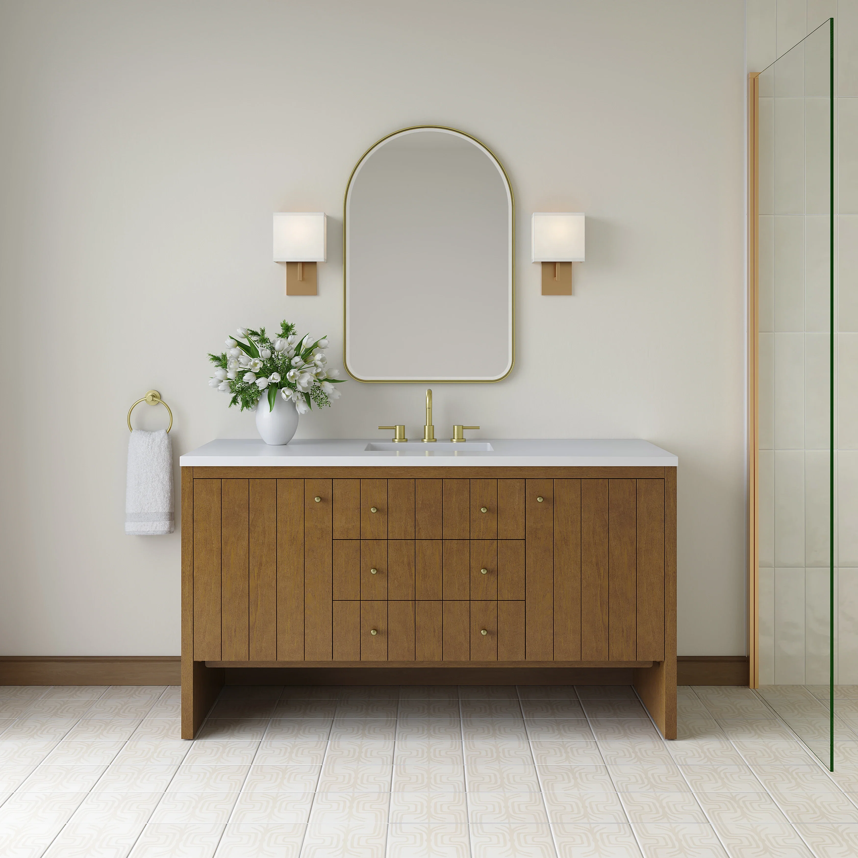 Hudson 60" Single Vanity, Honey Oak w/ 3 CM White Zeus Silestone Top