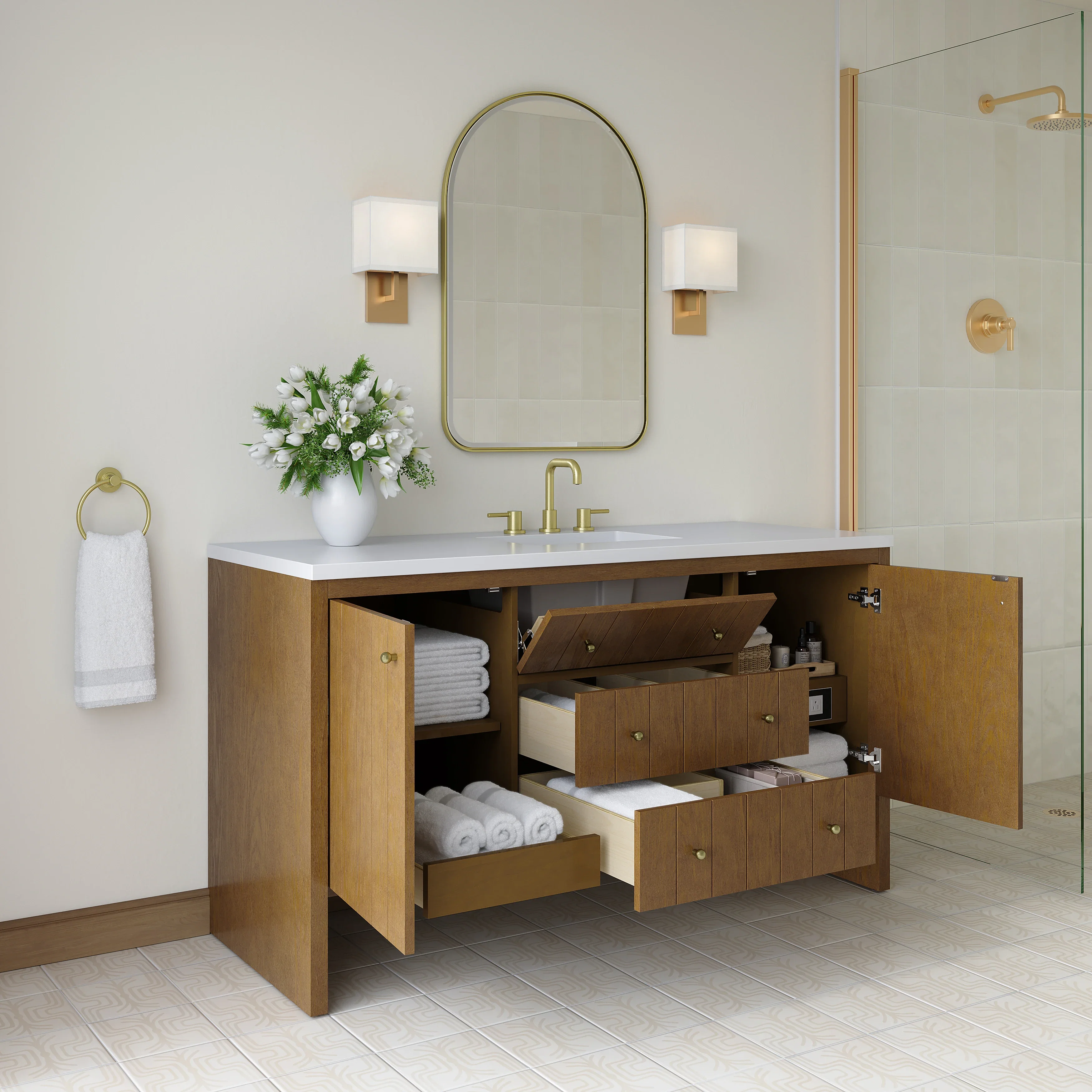 Hudson 60" Single Vanity, Honey Oak w/ 3 CM White Zeus Silestone Top