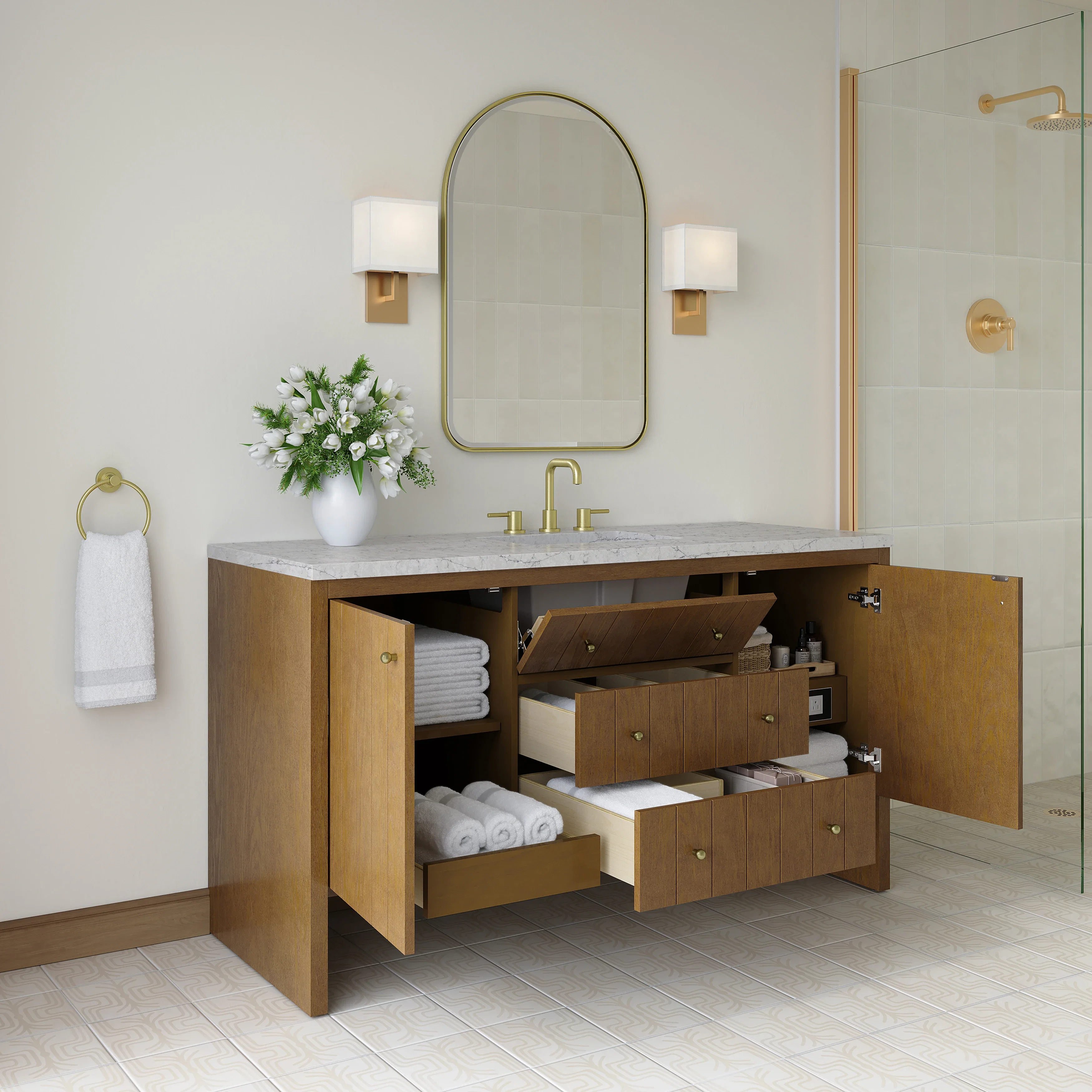 Hudson 60" Single Vanity, Honey Oak w/ 3 CM Eternal Jasmine Pearl Silestone Top w/FreePower Wireless Charger