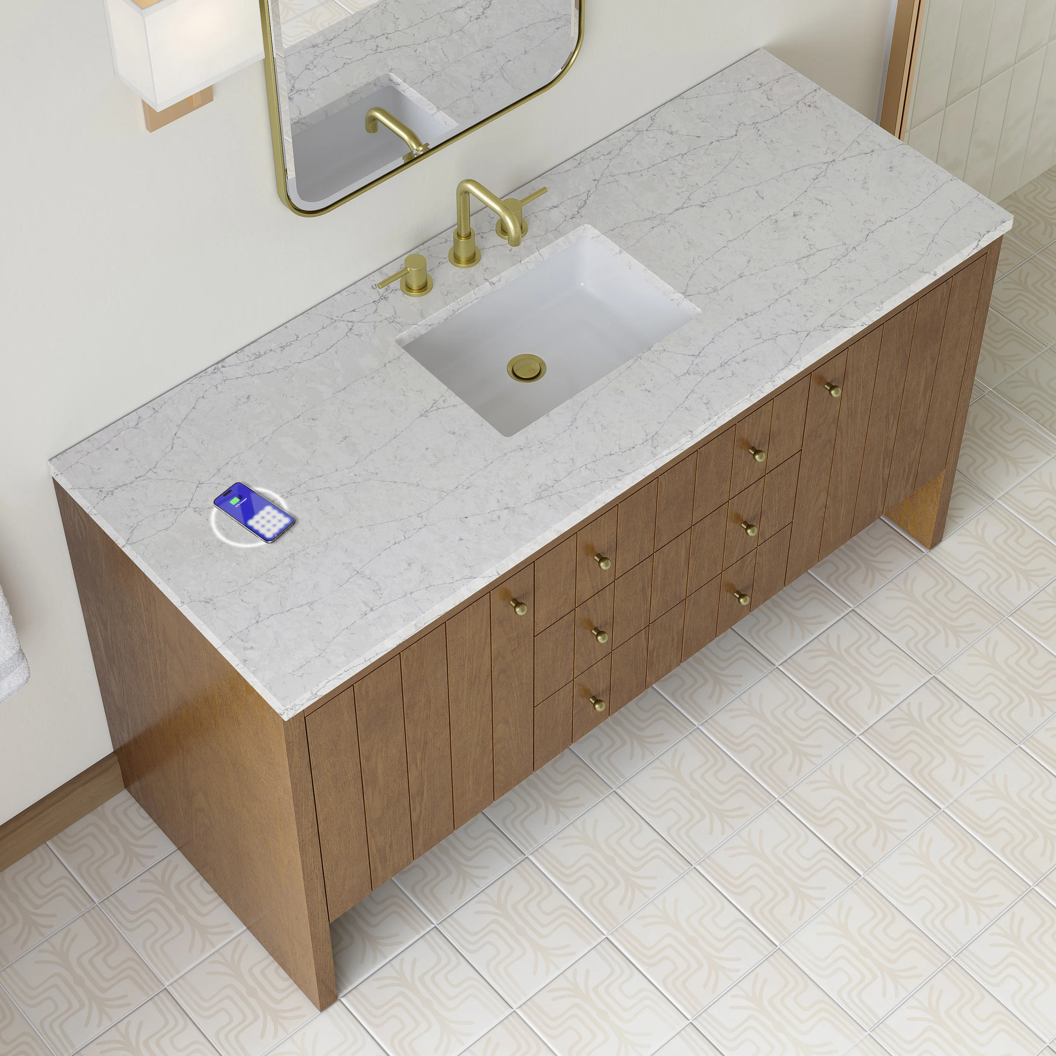 Hudson 60" Single Vanity, Honey Oak w/ 3 CM Eternal Jasmine Pearl Silestone Top w/FreePower Wireless Charger