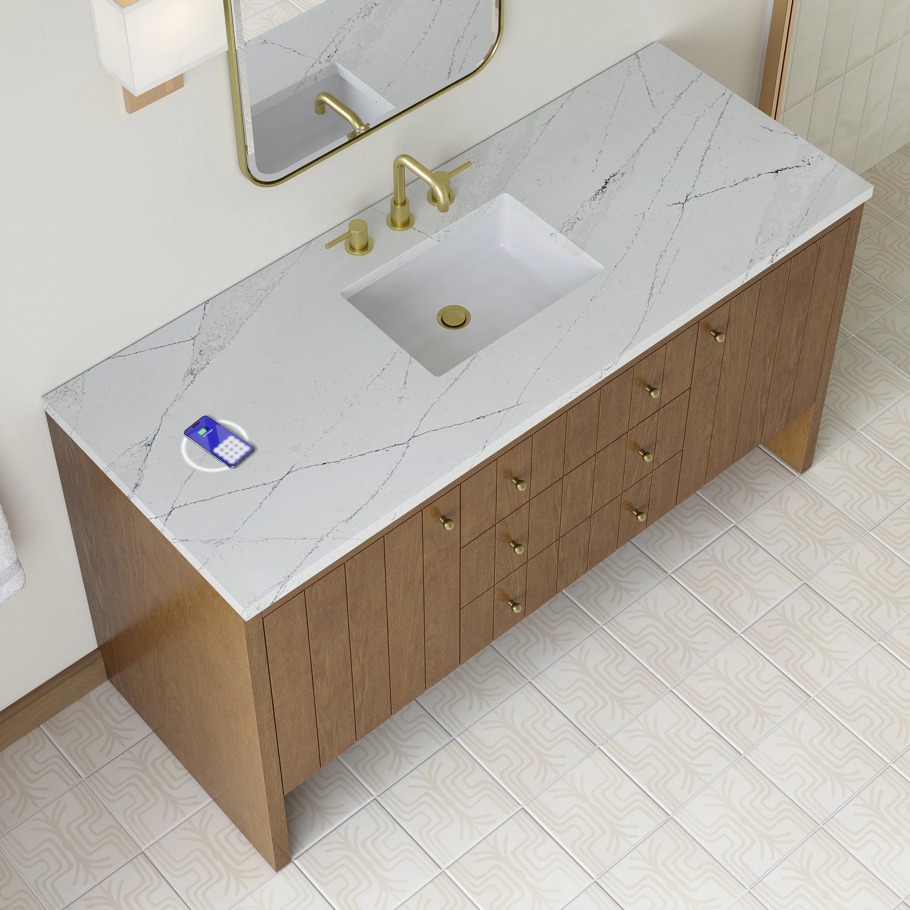 Hudson 60" Single Vanity, Honey Oak w/ 3 CM Ethereal Noctis Silestone Top w/FreePower Wireless Charger