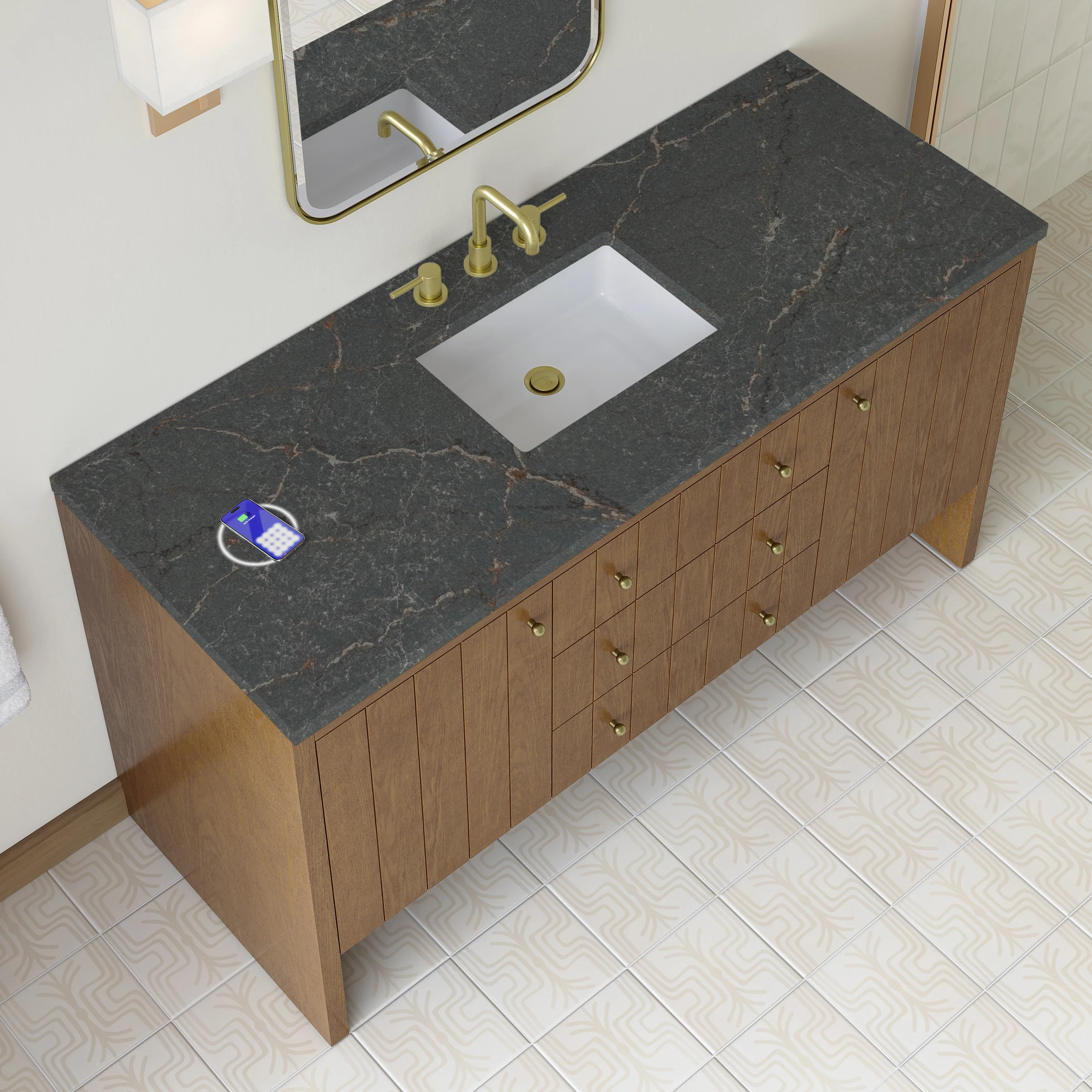 Hudson 60" Single Vanity, Honey Oak w/ 3 CM Parisien Bleu Silestone Top w/FreePower Wireless Charger