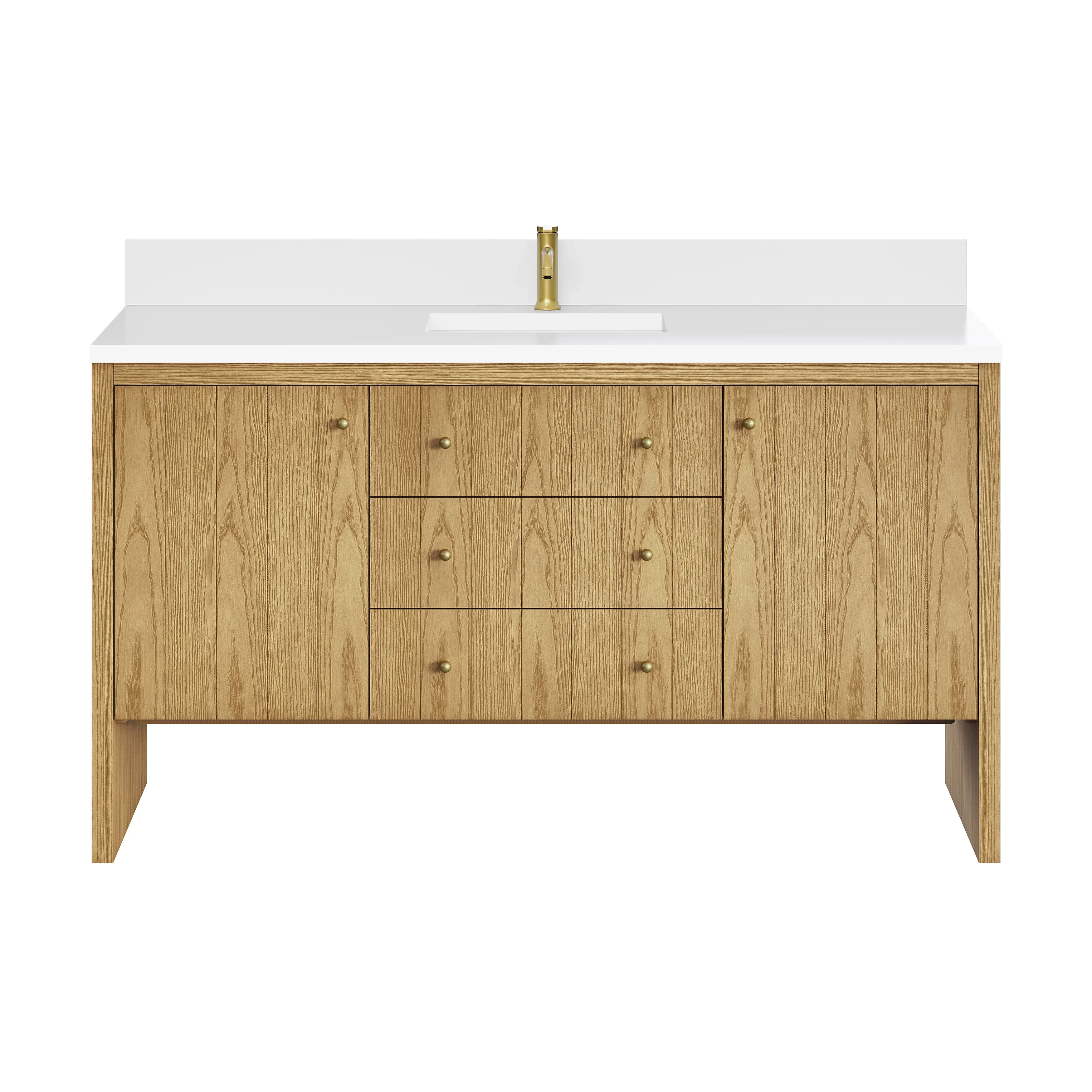 Hudson 60" Single Vanity, Light Natural Oak w/ Single Hole 3 CM White Zeus Top & Backsplash