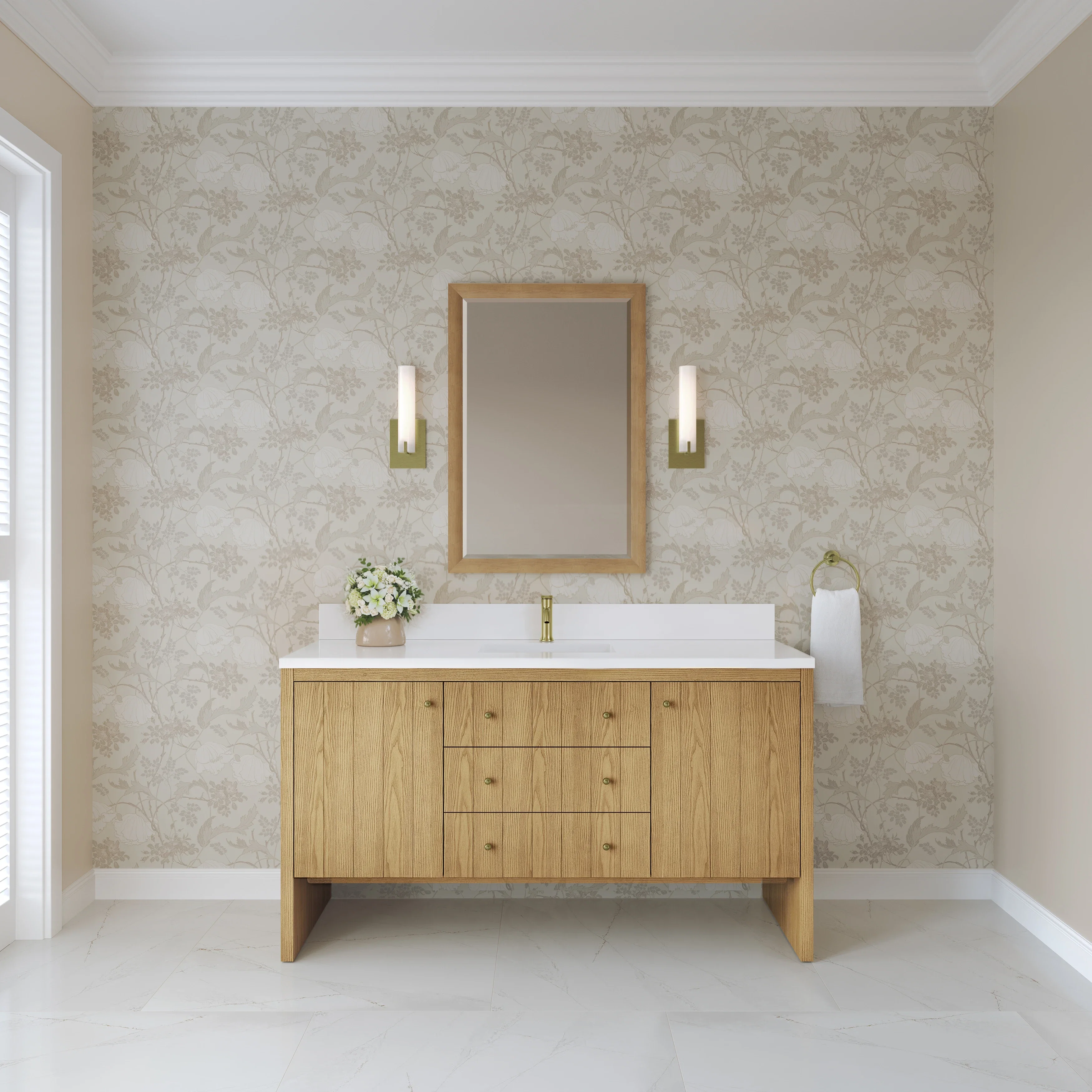 Hudson 60" Single Vanity, Light Natural Oak w/ Single Hole 3 CM White Zeus Top & Backsplash