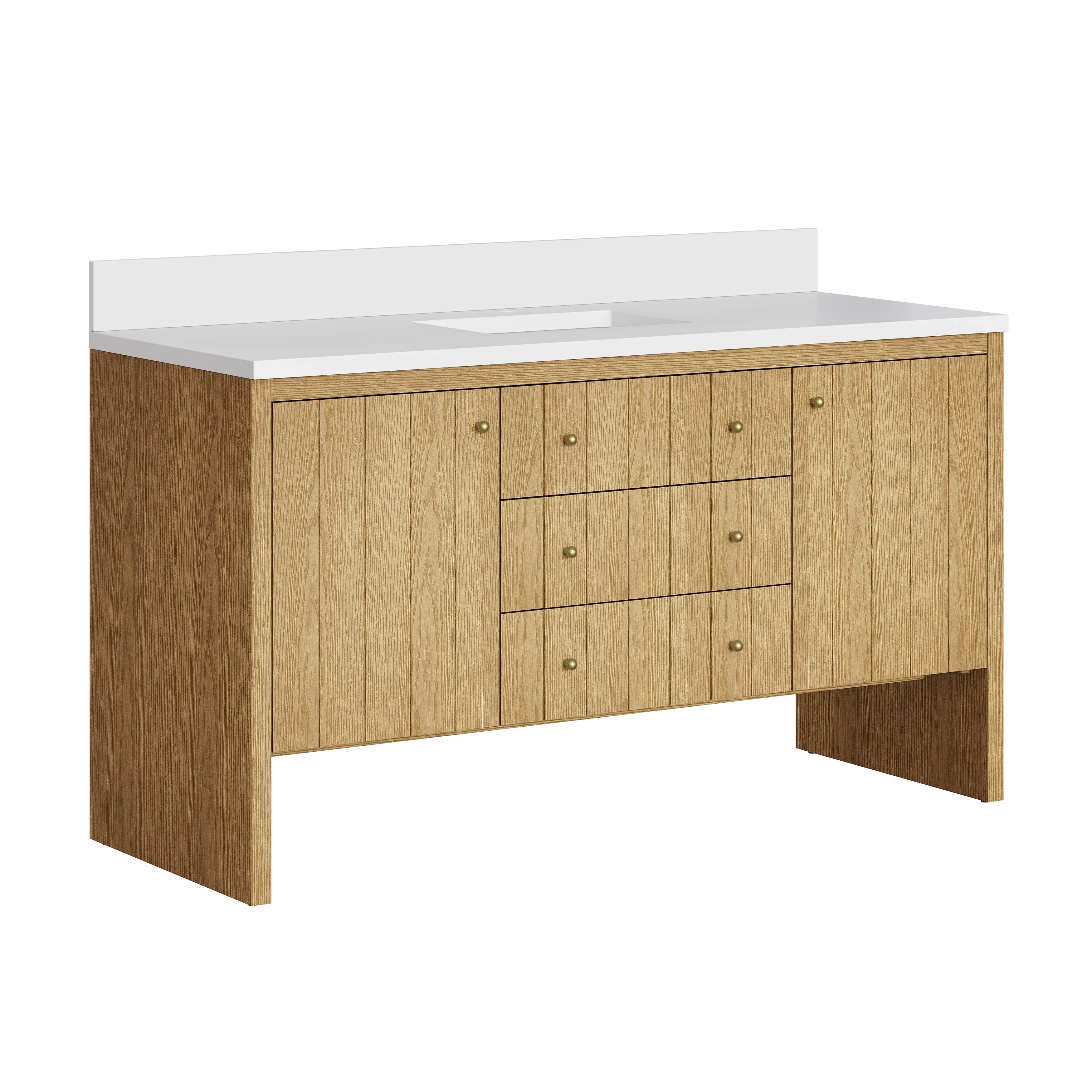 Hudson 60" Single Vanity, Light Natural Oak w/ Single Hole 3 CM White Zeus Top & Backsplash