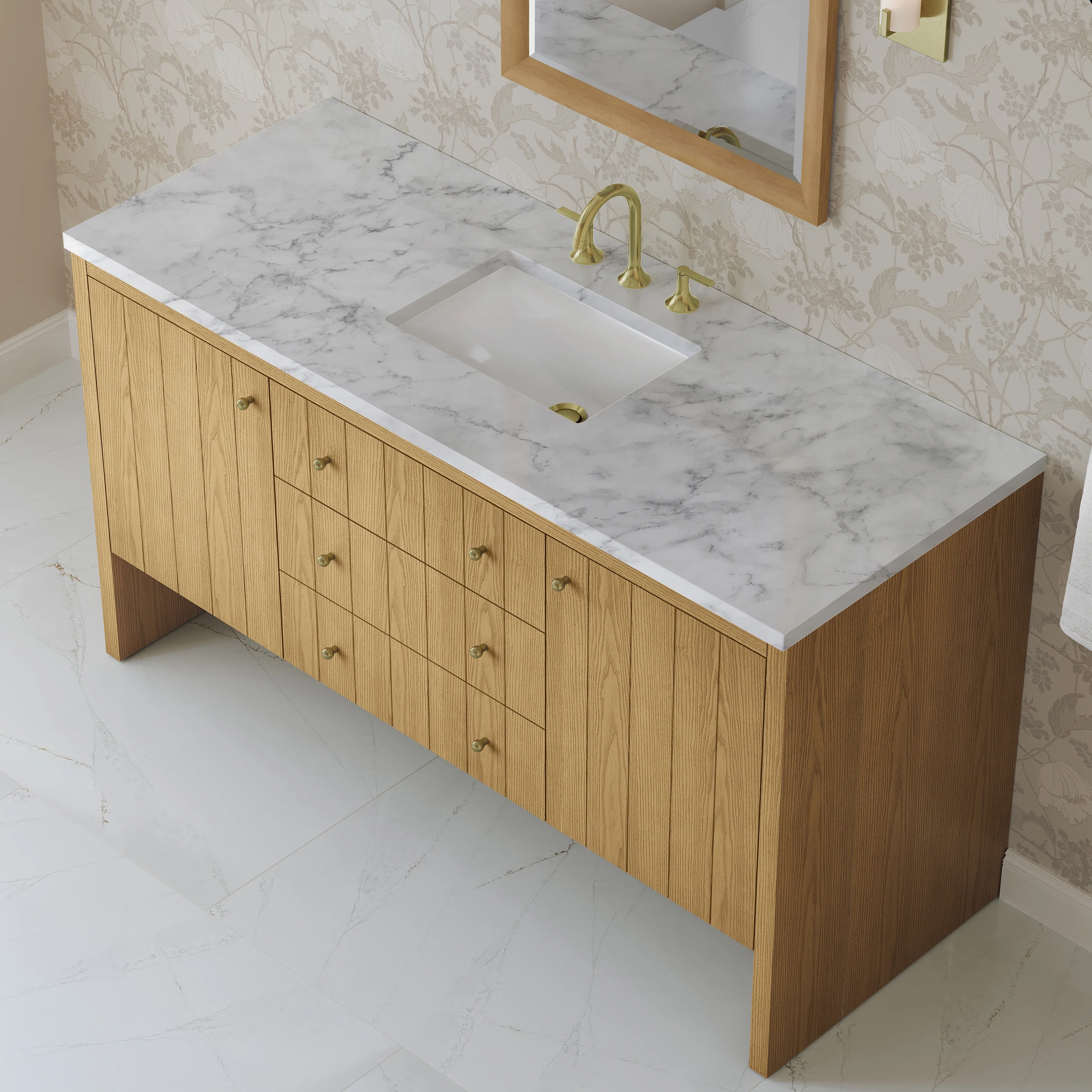 Hudson 60" Single Vanity, Light Natural Oak w/ 3 CM Carrara Marble Top