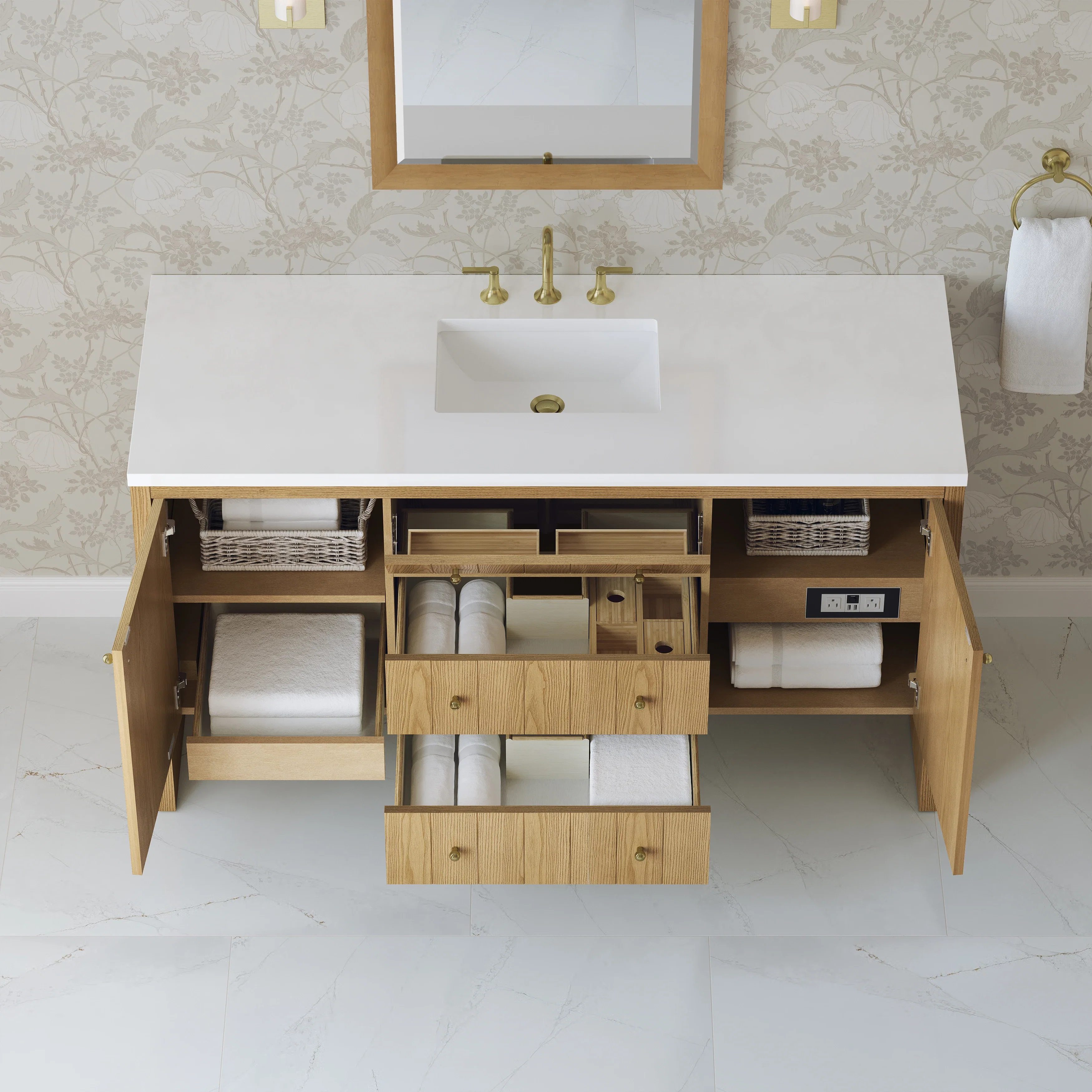 Hudson 60" Single Vanity, Light Natural Oak w/ 3 CM White Zeus Top