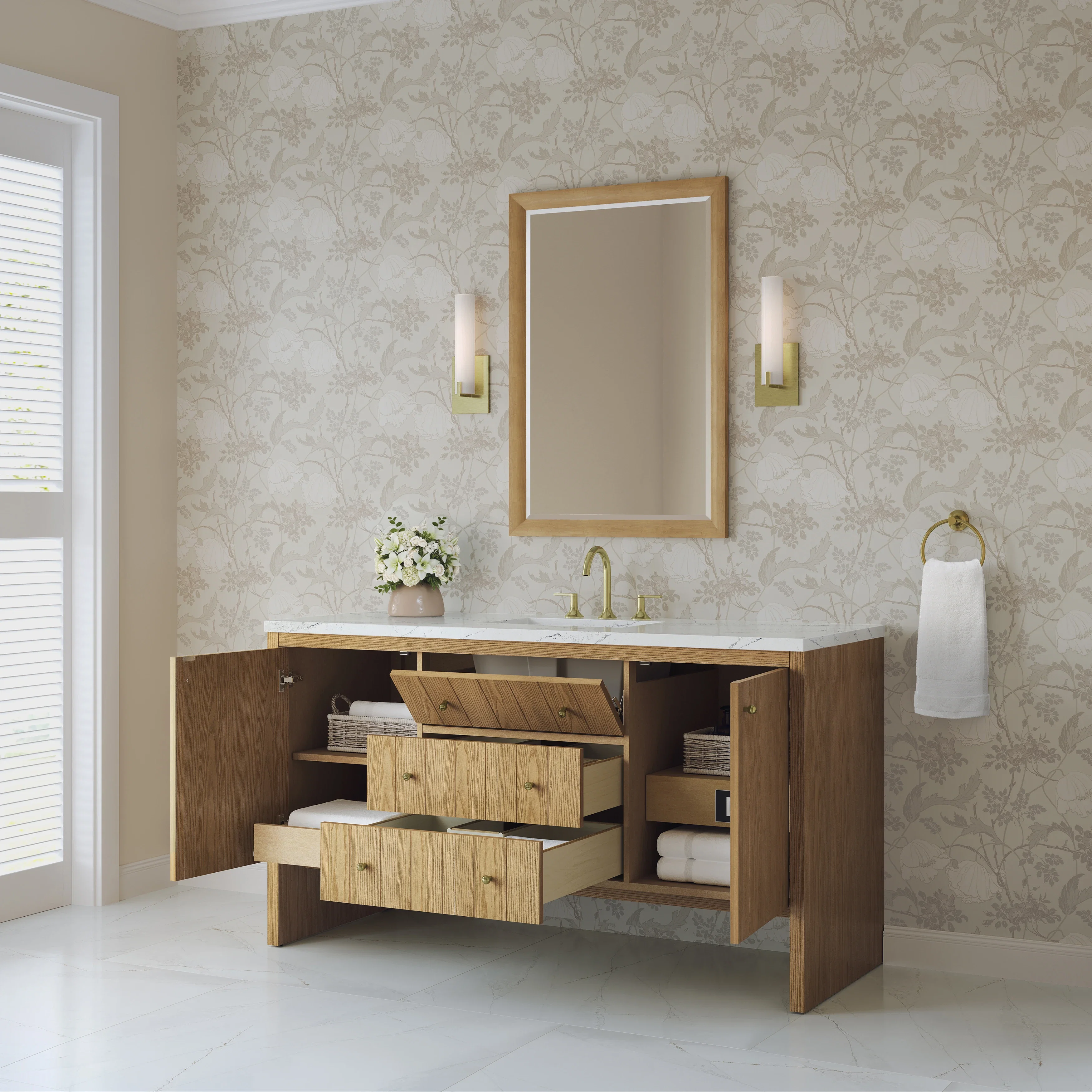 Hudson 60" Single Vanity, Light Natural Oak w/ 3 CM Ethereal Noctis Top w/ FreePower Wireless Charger