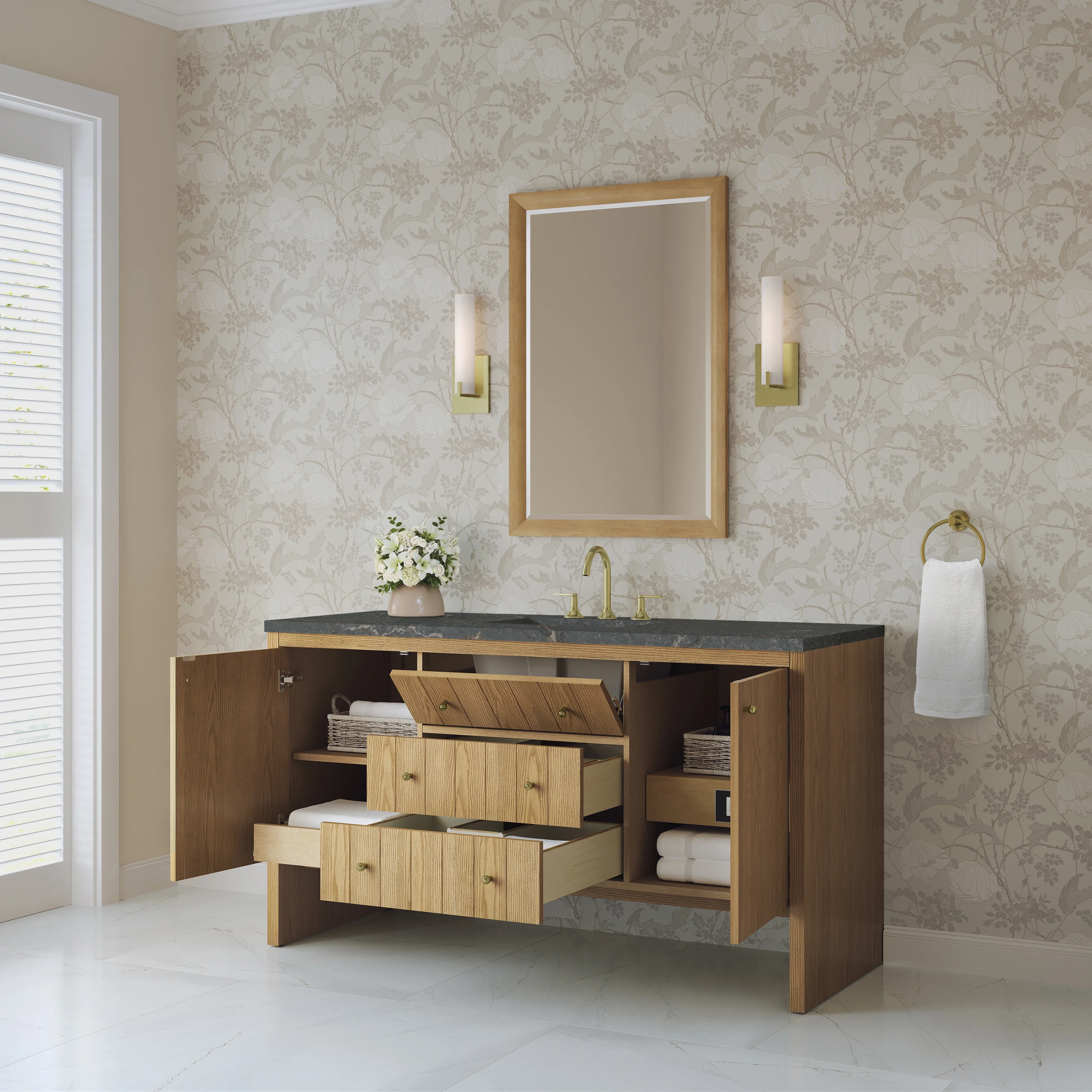 Hudson 60" Single Vanity, Light Natural Oak w/ 3 CM Parisien Bleu Top w/ FreePower Wireless Charger