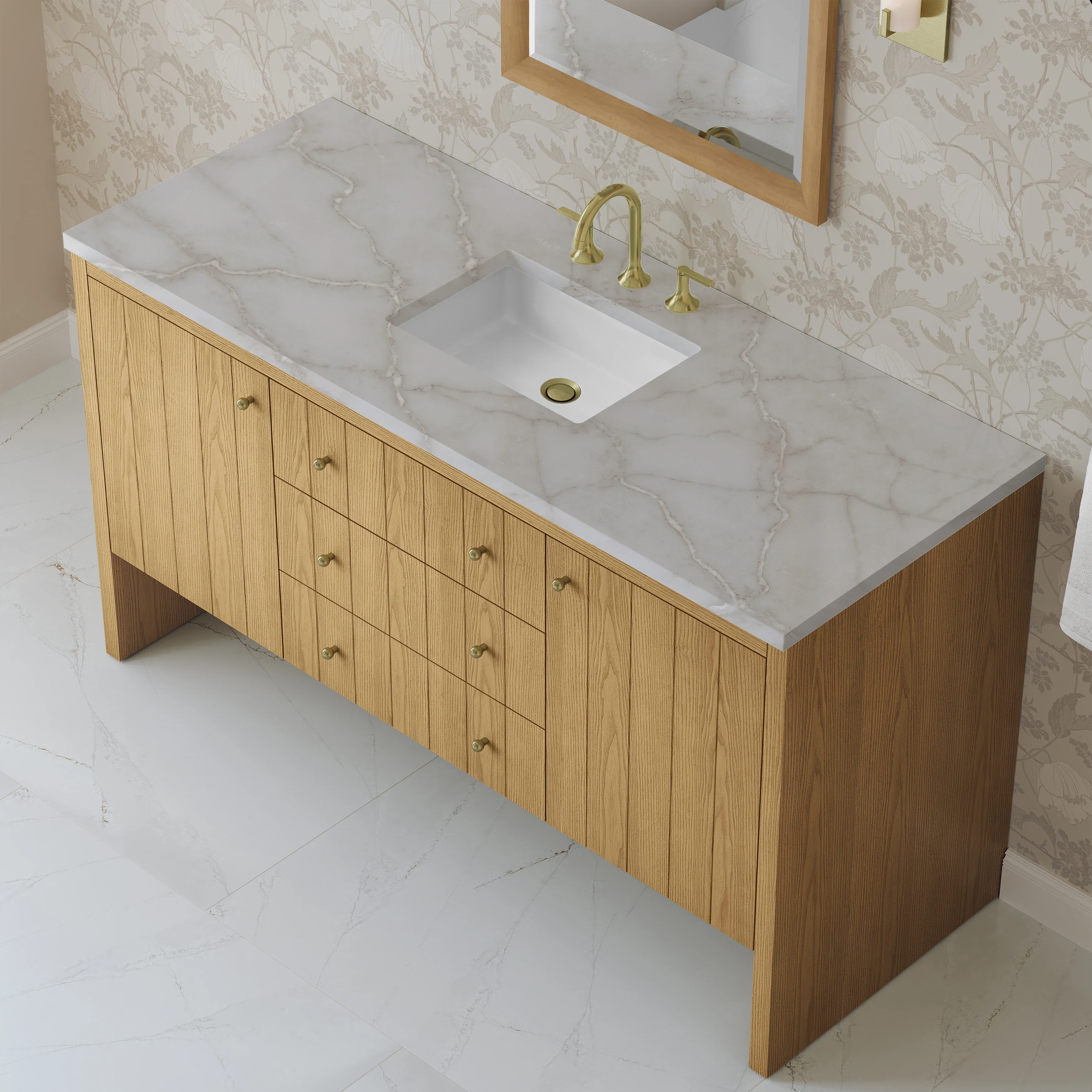 Hudson 60" Single Vanity, Light Natural Oak w/ 3 CM Victorian Silver Top w/ FreePower Wireless Charger