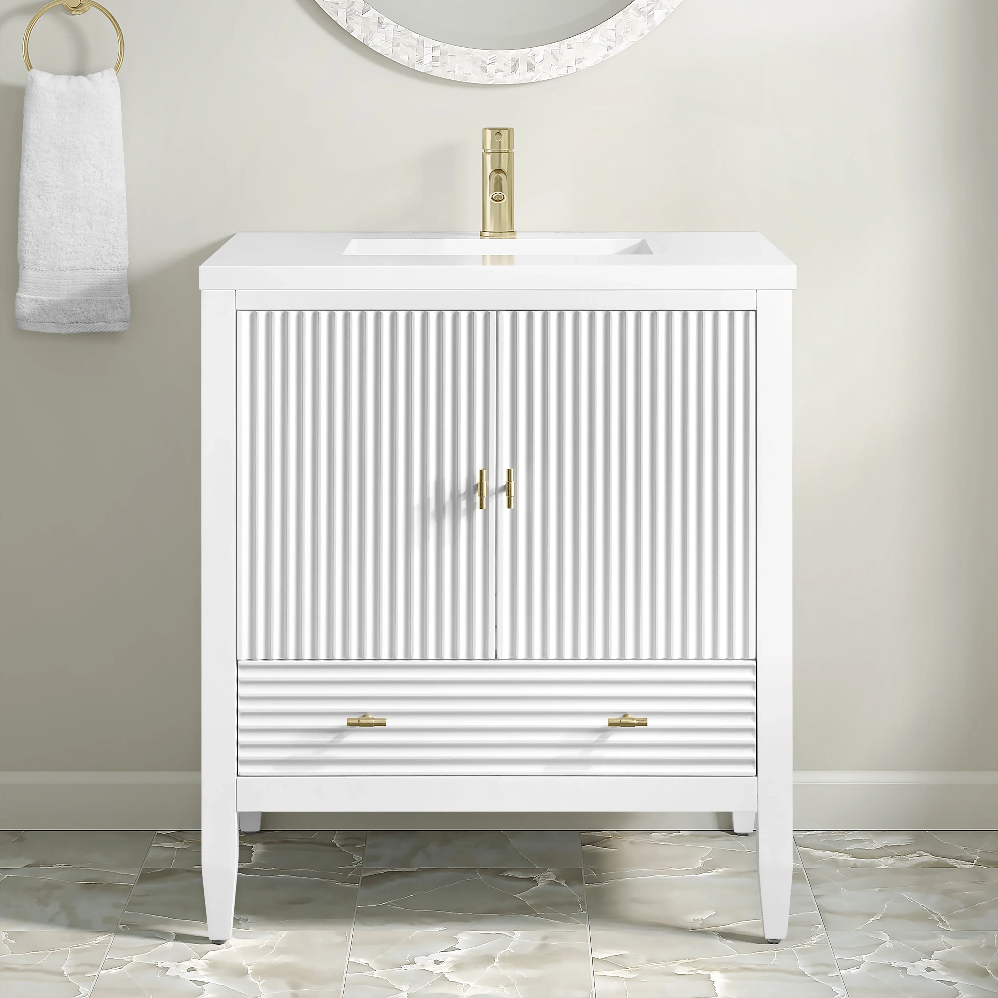 Myrrin 30" Single Vanity, Bright White w/ Single Hole 3 CM White Zeus Silestone Top and Matching Backsplash