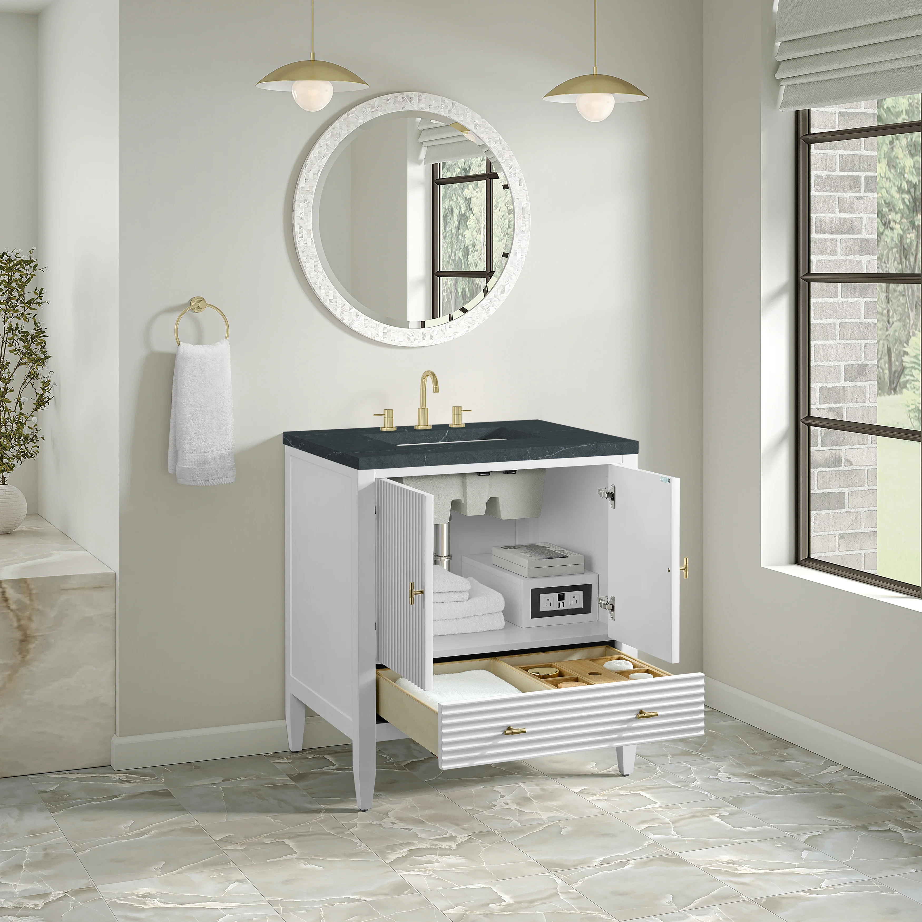 Myrrin 30" Single Vanity, Bright White w/ 3 CM Charcoal Soapstone Silestone Top