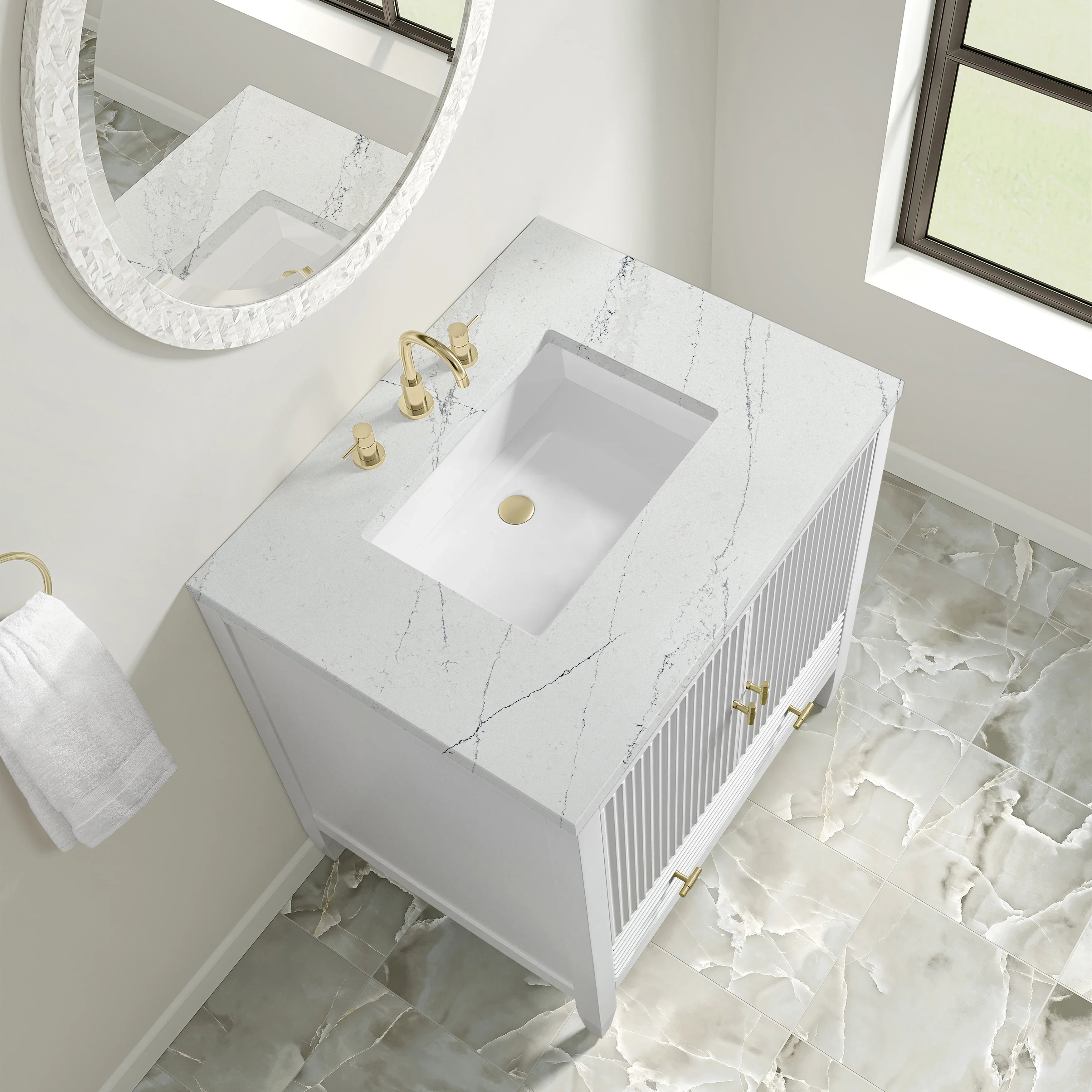 Myrrin 30" Single Vanity, Bright White w/ 3 CM Ethereal Noctis Silestone Top