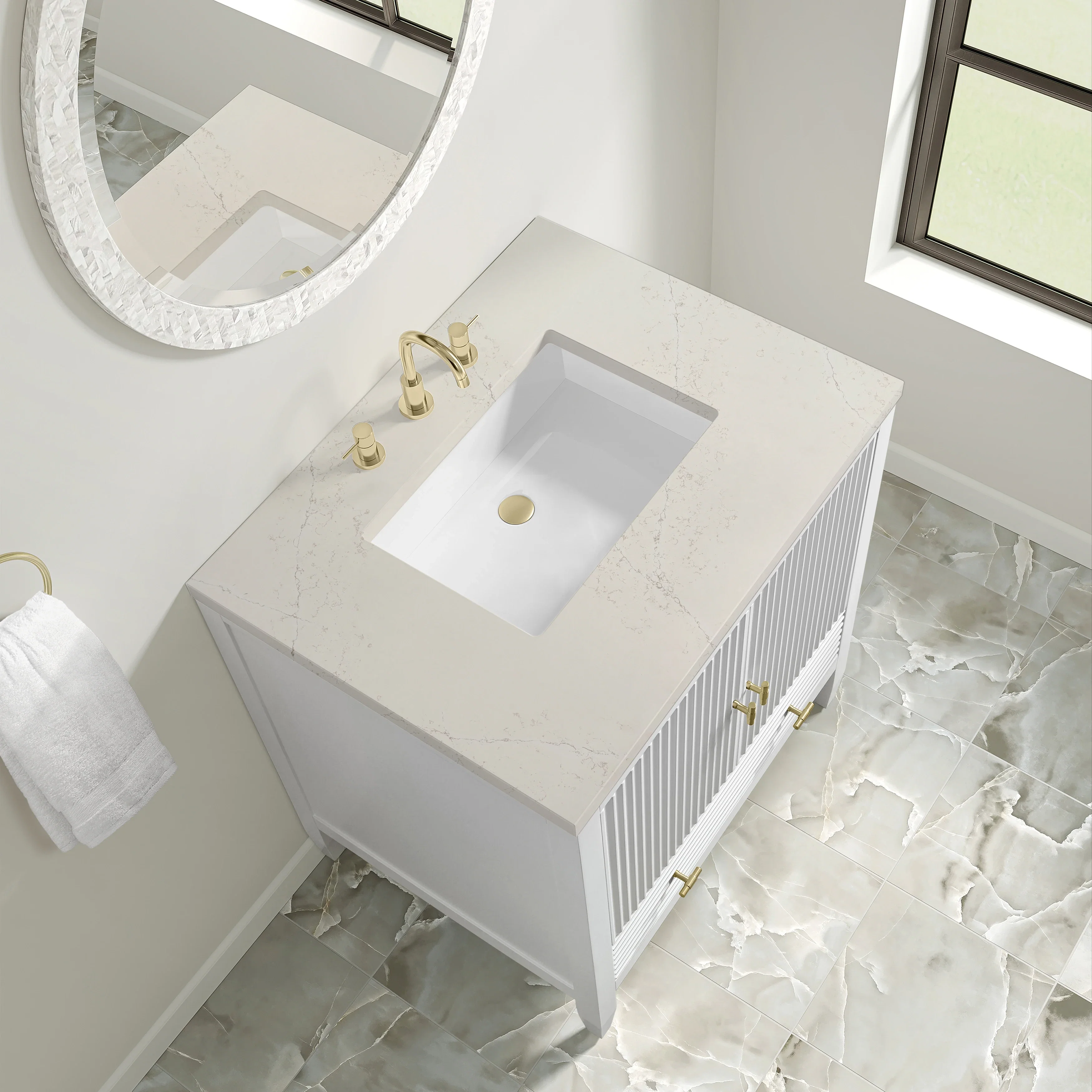 Myrrin 30" Single Vanity, Bright White w/ 3 CM Siberian Silestone Top
