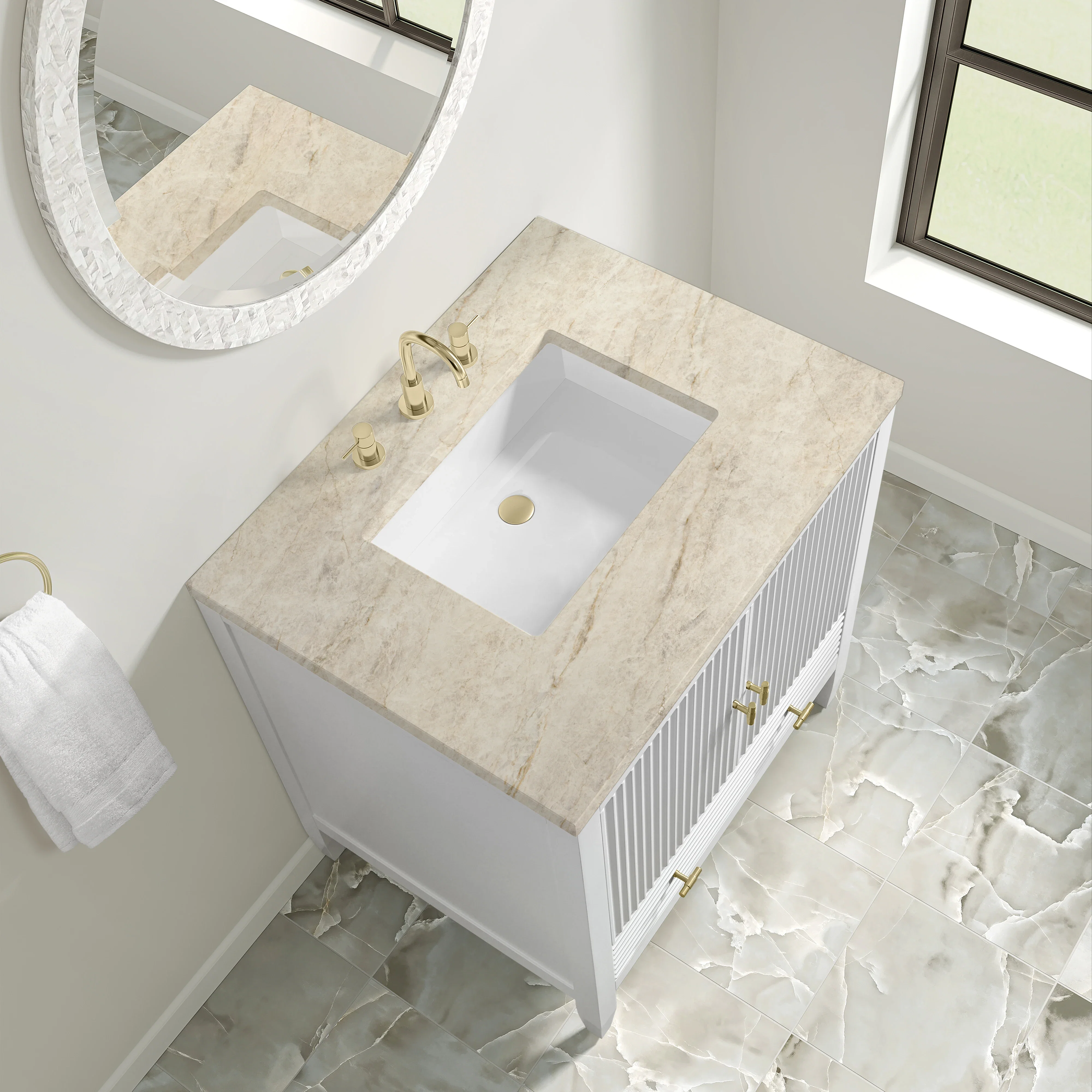 Myrrin 30" Single Vanity, Bright White w/ 3 CM Tajnar Eclos Top