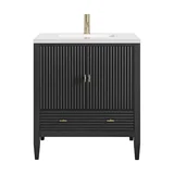 Myrrin 30" Single Vanity, Carbon Oak w/ Single Hole 3 CM White Zeus Silestone Top and Matching Backsplash
