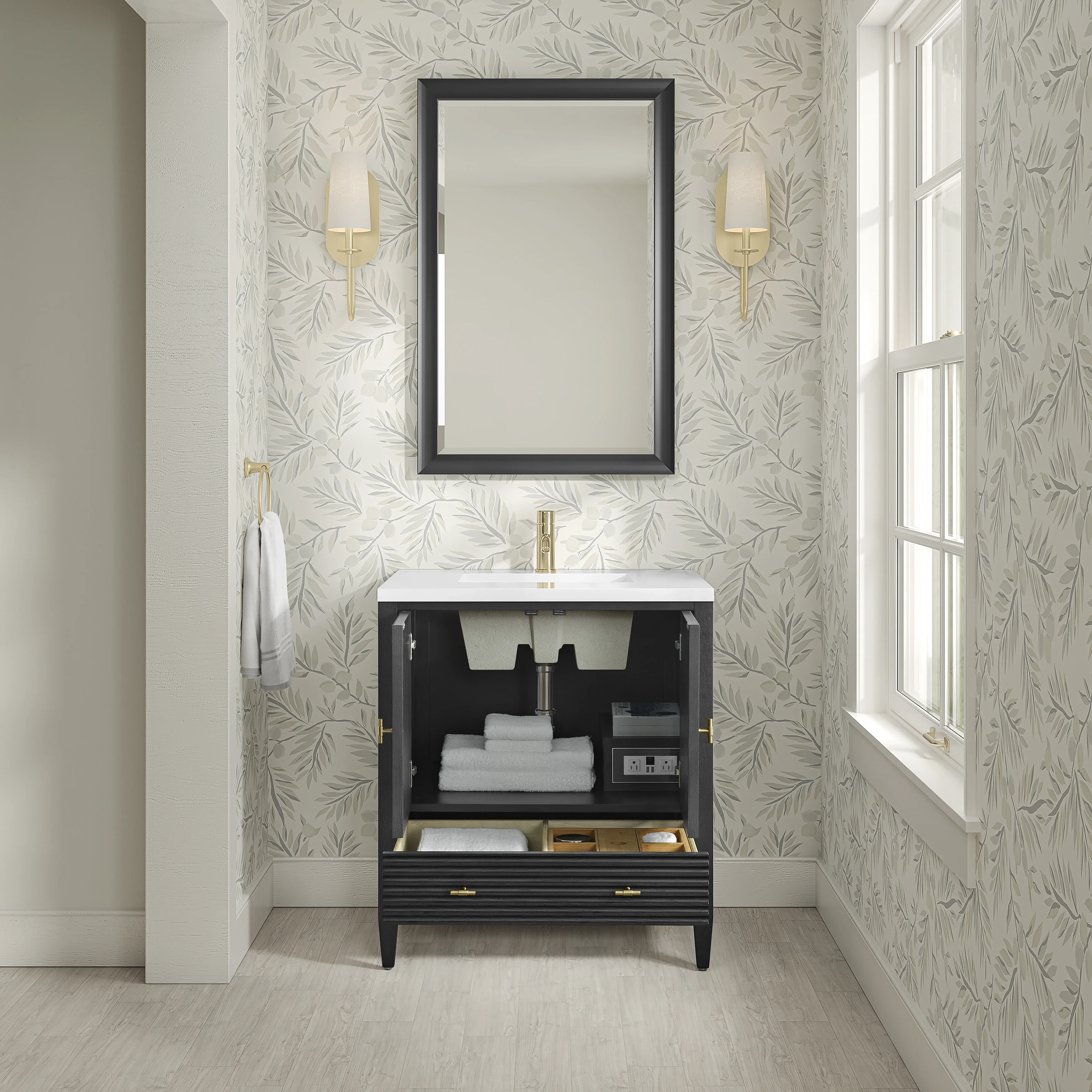 Myrrin 30" Single Vanity, Carbon Oak w/ Single Hole 3 CM White Zeus Silestone Top and Matching Backsplash