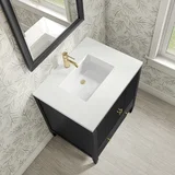 Myrrin 30" Single Vanity, Carbon Oak w/ Single Hole 3 CM White Zeus Silestone Top and Matching Backsplash