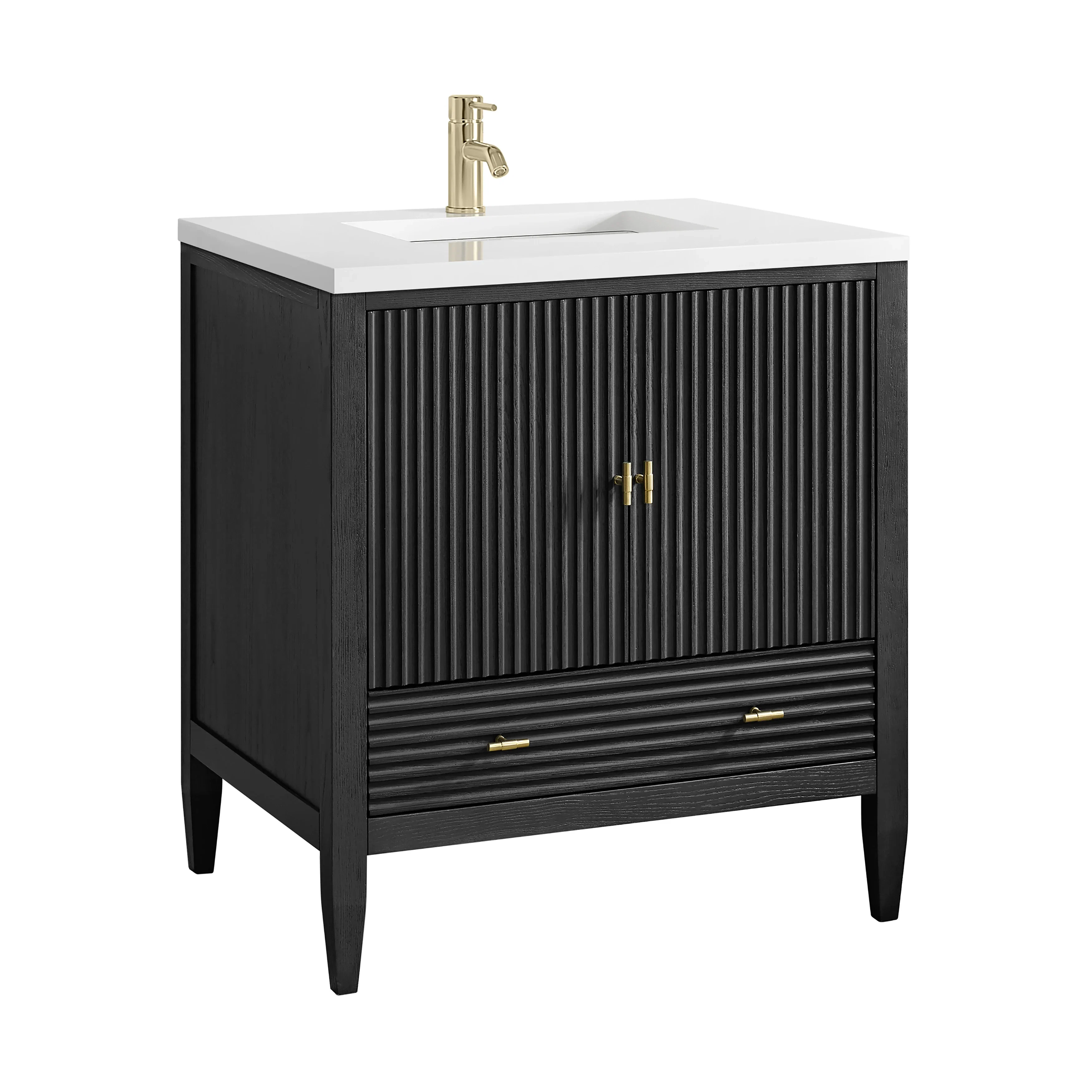 Myrrin 30" Single Vanity, Carbon Oak w/ Single Hole 3 CM White Zeus Silestone Top and Matching Backsplash