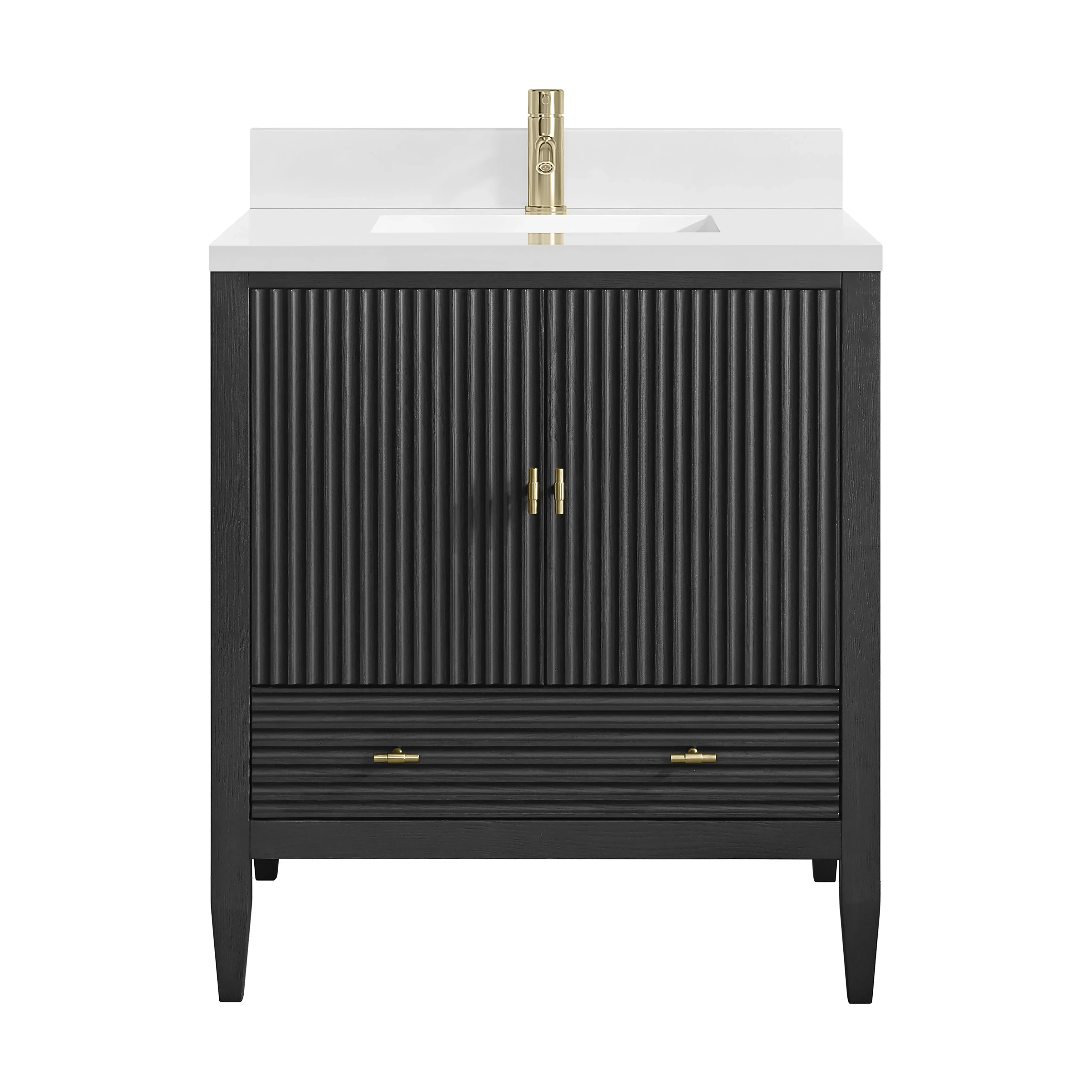 Myrrin 30" Single Vanity, Carbon Oak w/ Single Hole 3 CM White Zeus Silestone Top and Matching Backsplash