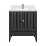 Myrrin 30" Single Vanity, Carbon Oak w/ Single Hole 3 CM White Zeus Silestone Top and Matching Backsplash