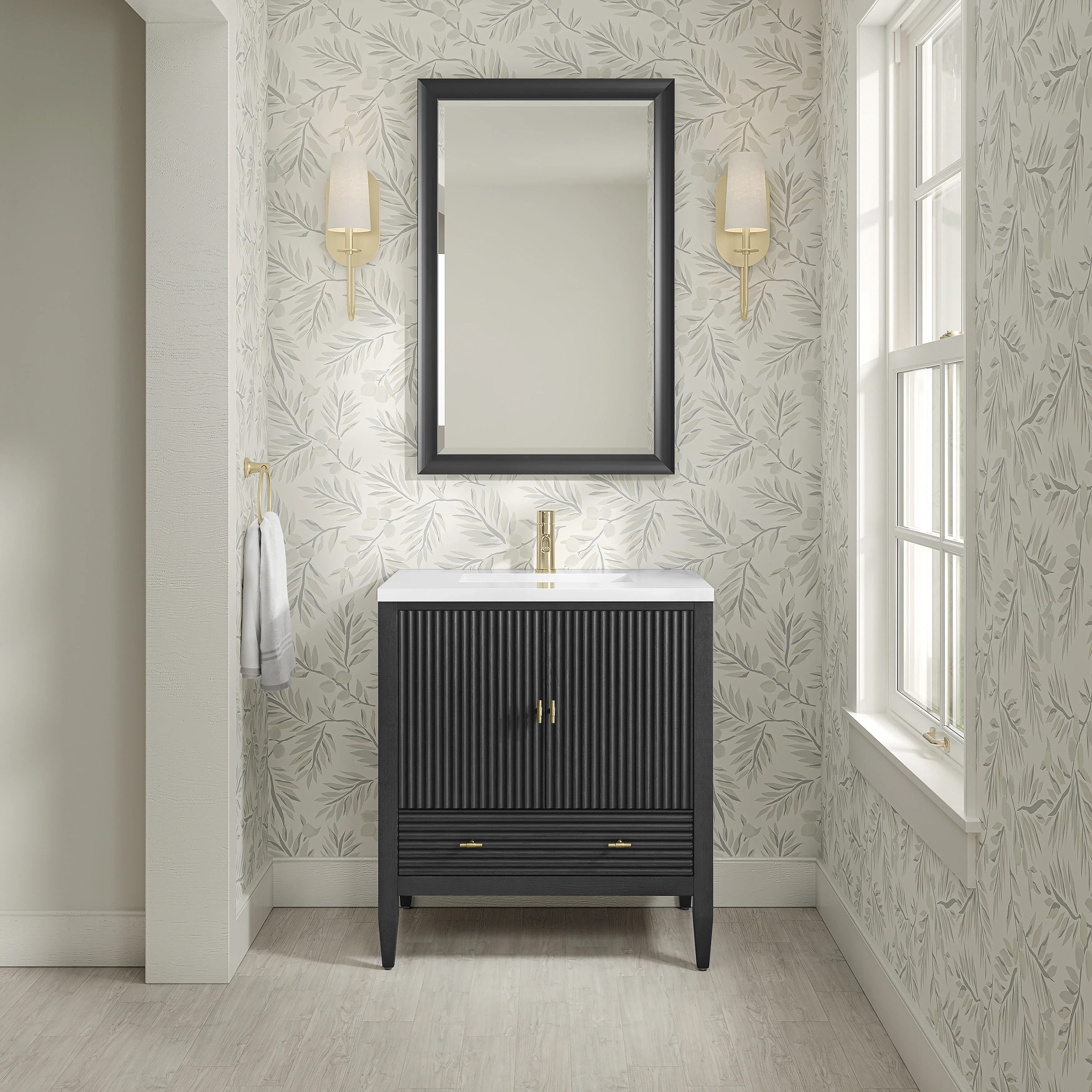 Myrrin 30" Single Vanity, Carbon Oak w/ Single Hole 3 CM White Zeus Silestone Top and Matching Backsplash