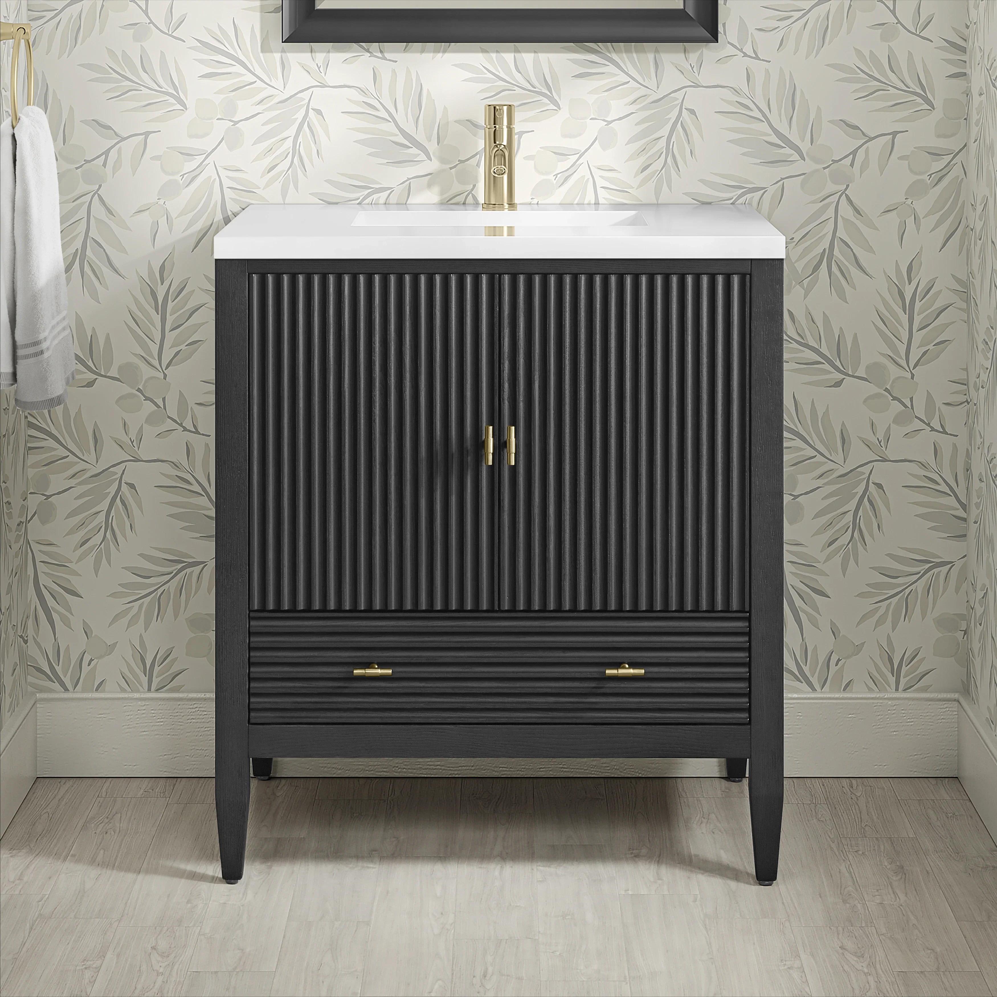 Myrrin 30" Single Vanity, Carbon Oak w/ Single Hole 3 CM White Zeus Silestone Top and Matching Backsplash