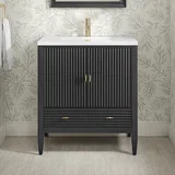 Myrrin 30" Single Vanity, Carbon Oak w/ Single Hole 3 CM White Zeus Silestone Top and Matching Backsplash