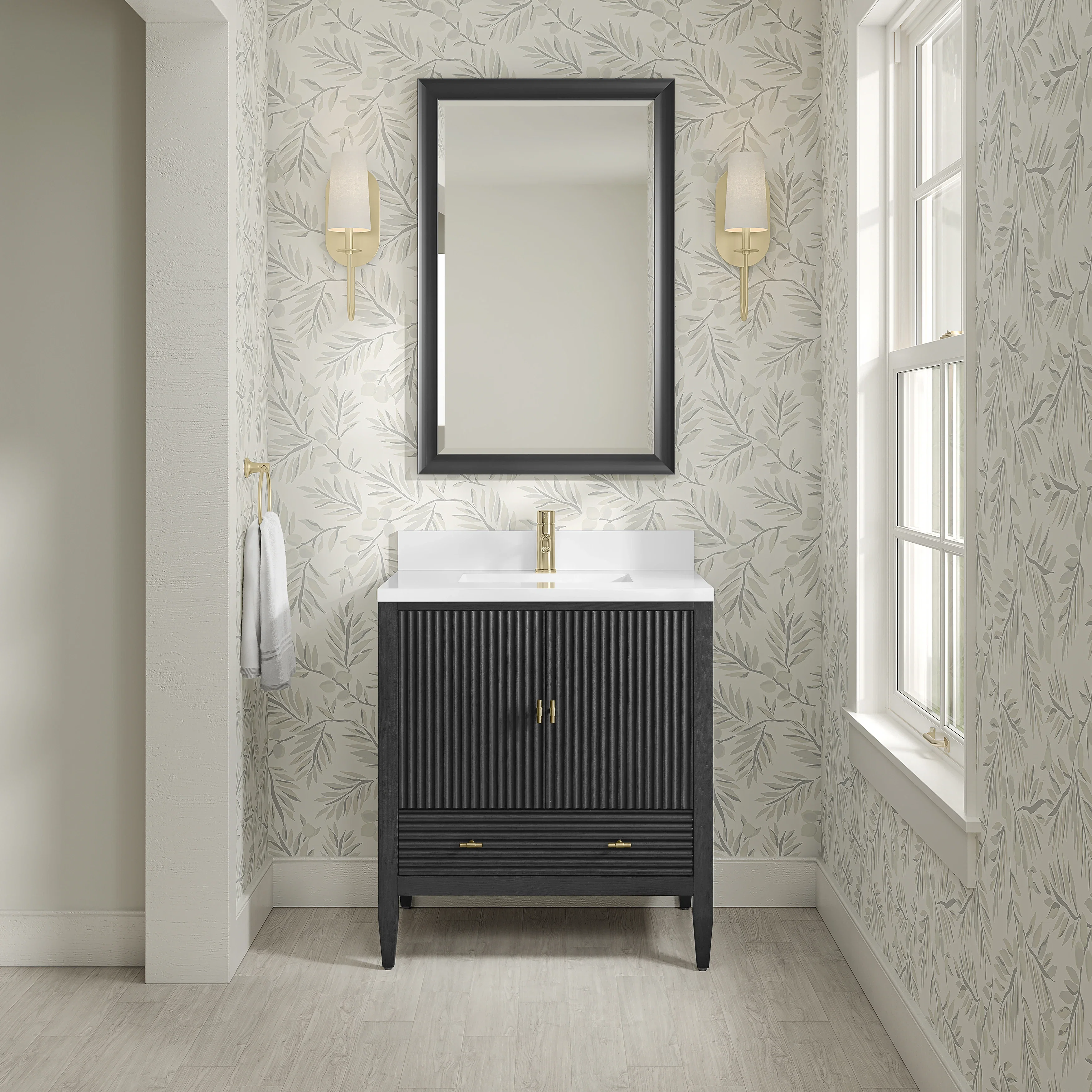 Myrrin 30" Single Vanity, Carbon Oak w/ Single Hole 3 CM White Zeus Silestone Top and Matching Backsplash
