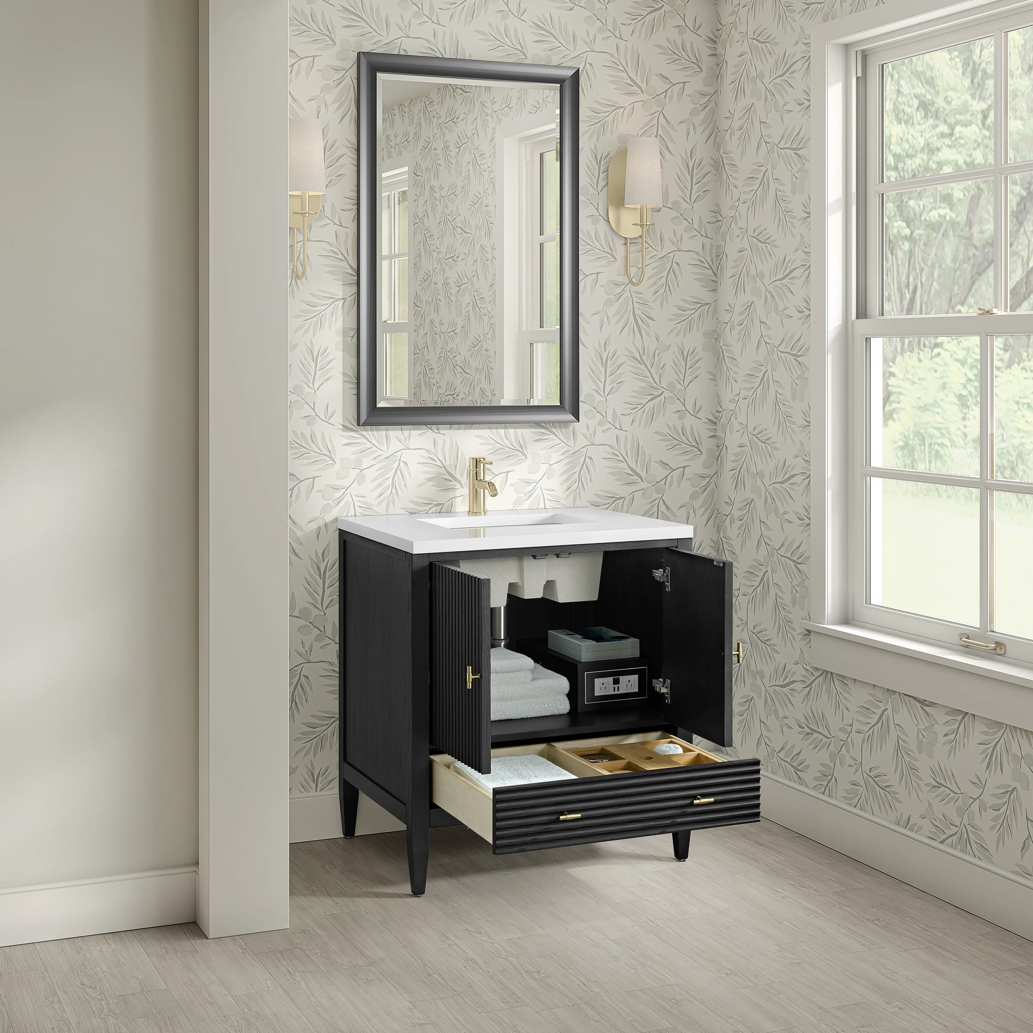Myrrin 30" Single Vanity, Carbon Oak w/ Single Hole 3 CM White Zeus Silestone Top and Matching Backsplash