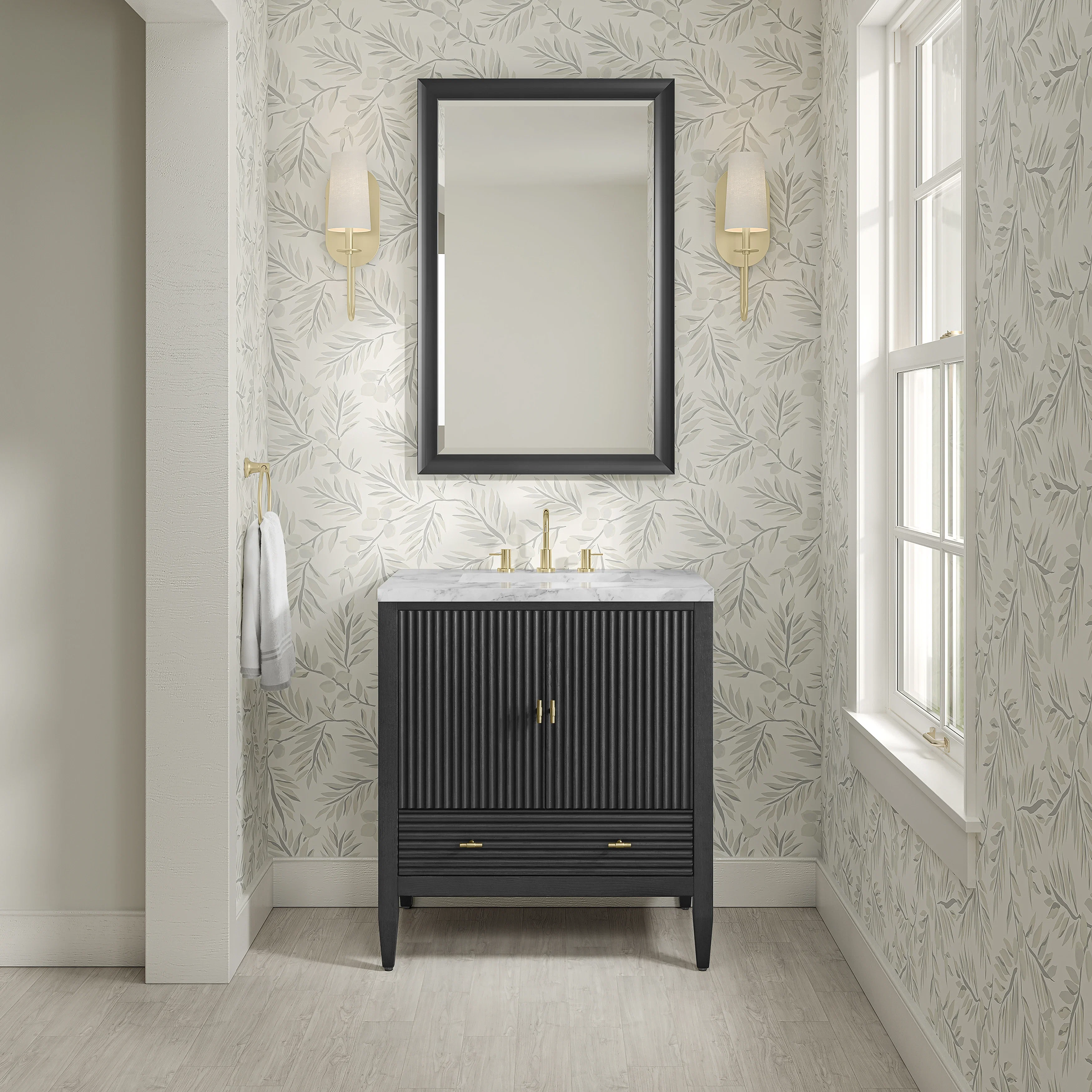 Myrrin 30" Single Vanity, Carbon Oak w/ 3 CM Carrara Marble Top
