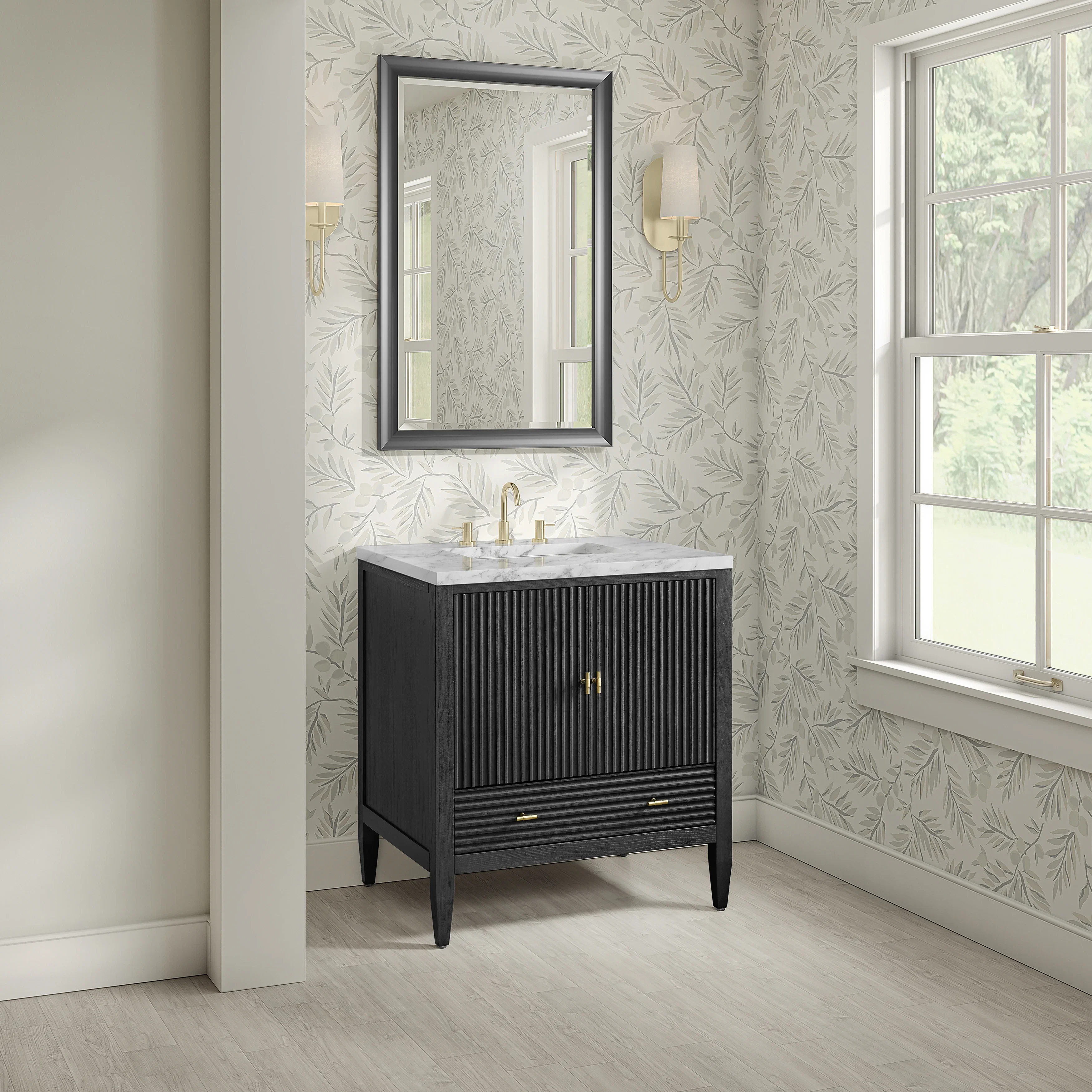 Myrrin 30" Single Vanity, Carbon Oak w/ 3 CM Carrara Marble Top