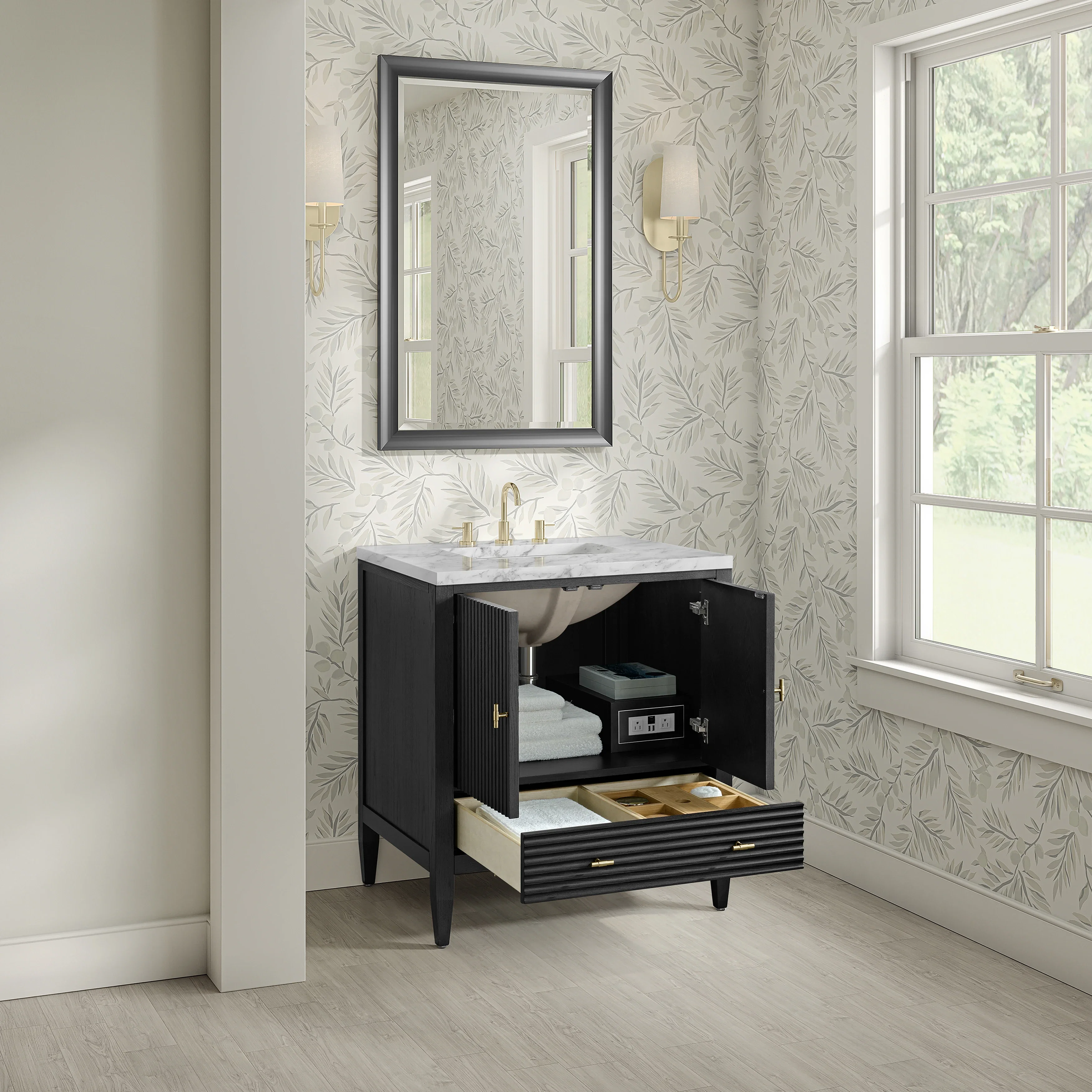 Myrrin 30" Single Vanity, Carbon Oak w/ 3 CM Carrara Marble Top