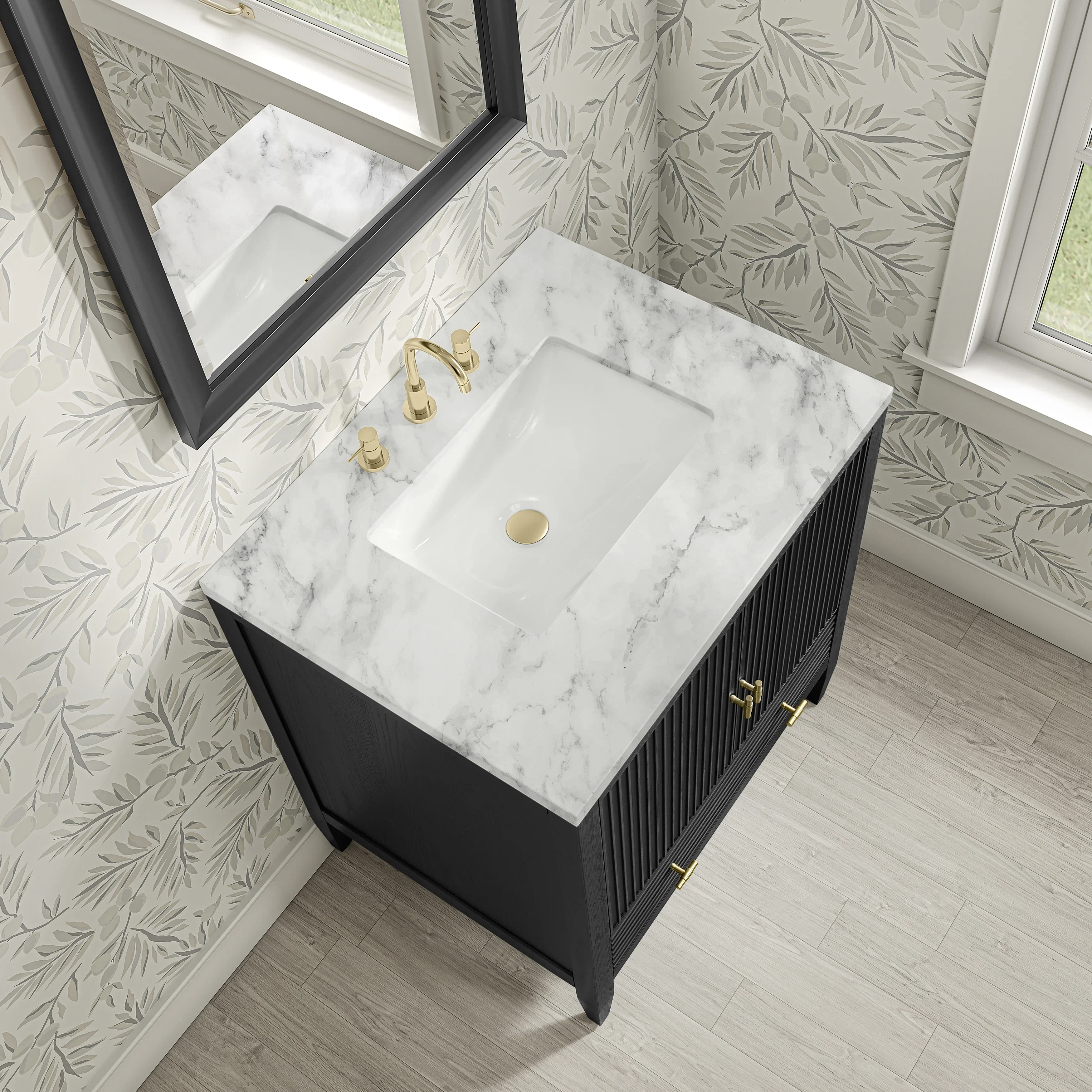 Myrrin 30" Single Vanity, Carbon Oak w/ 3 CM Carrara Marble Top