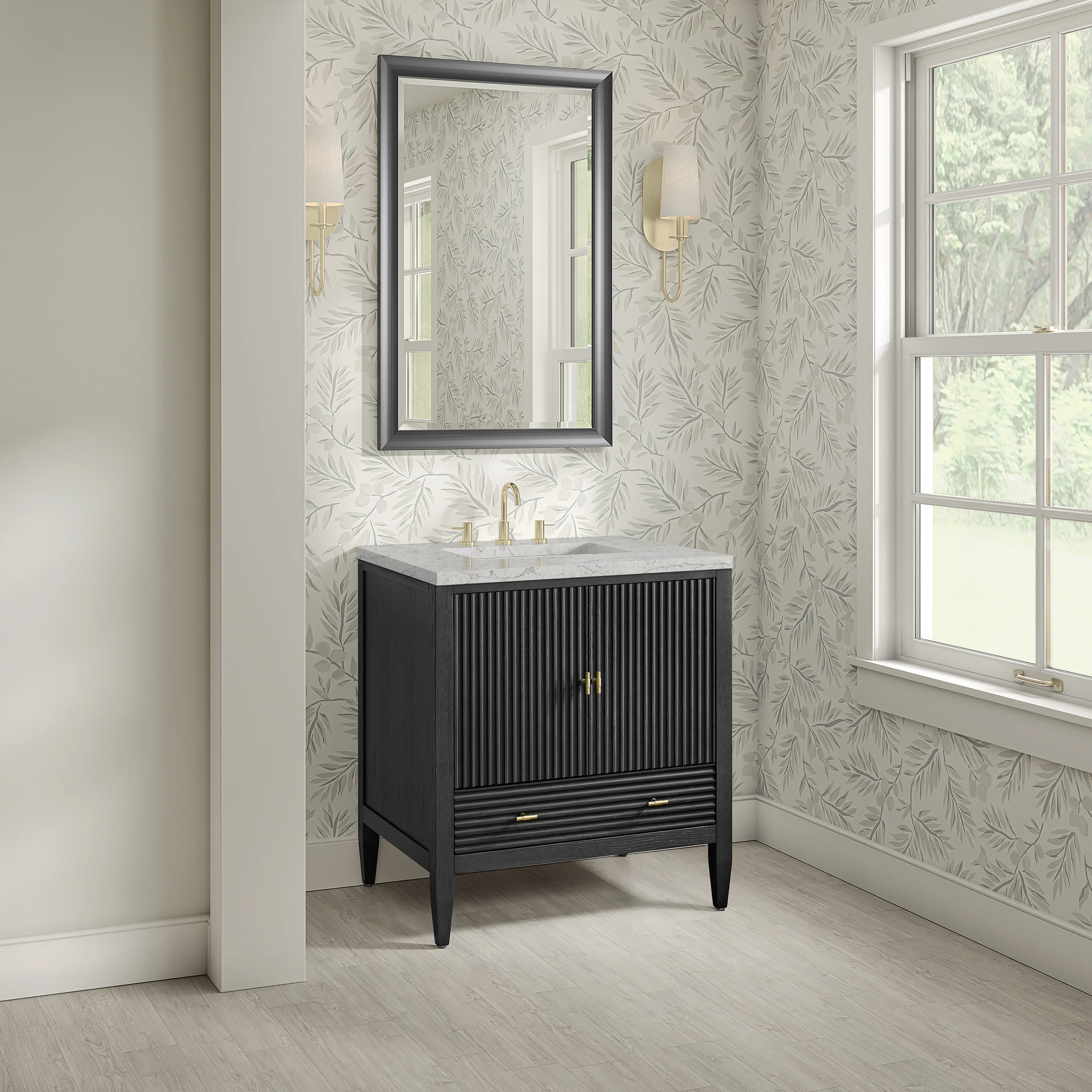 Myrrin 30" Single Vanity, Carbon Oak w/ 3 CM Eternal Jasmine Pearl Silestone Top