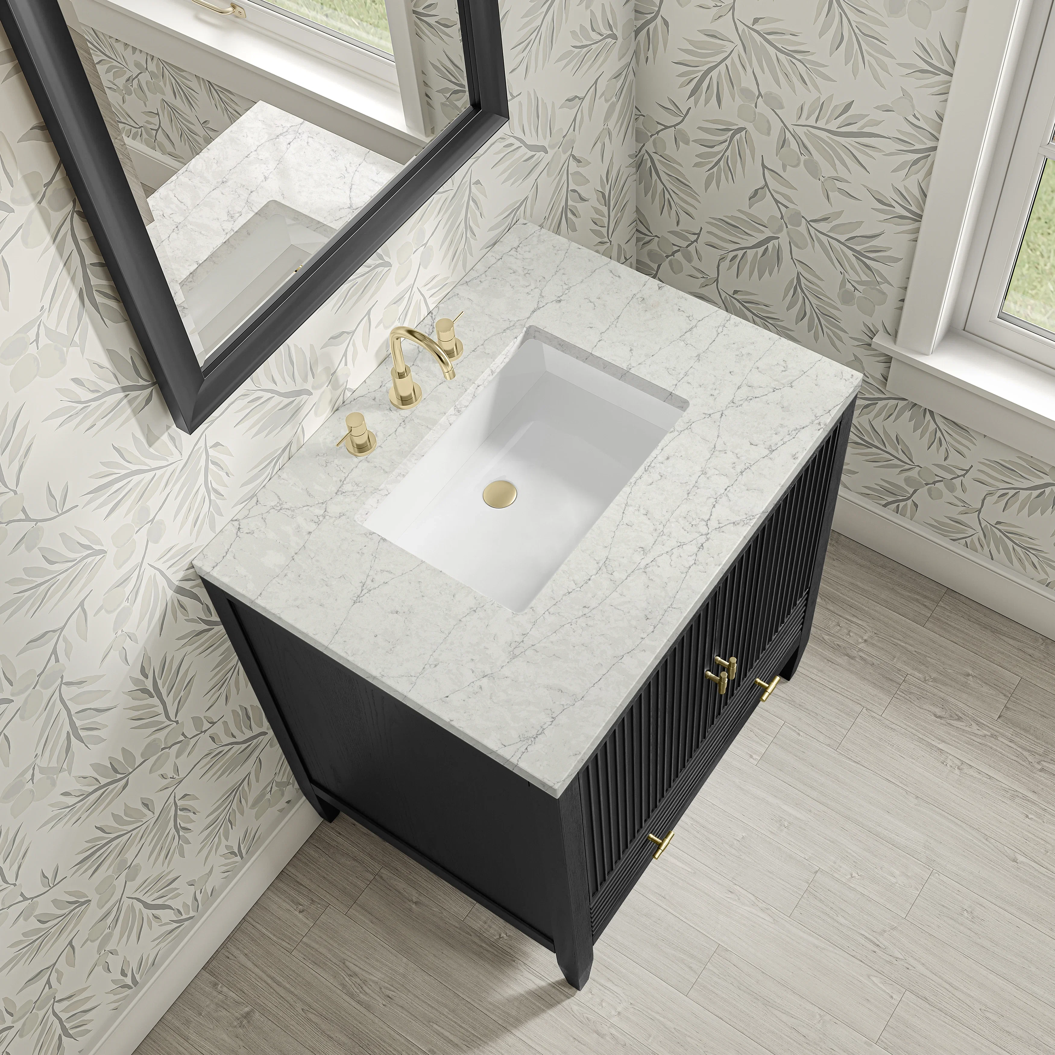 Myrrin 30" Single Vanity, Carbon Oak w/ 3 CM Eternal Jasmine Pearl Silestone Top